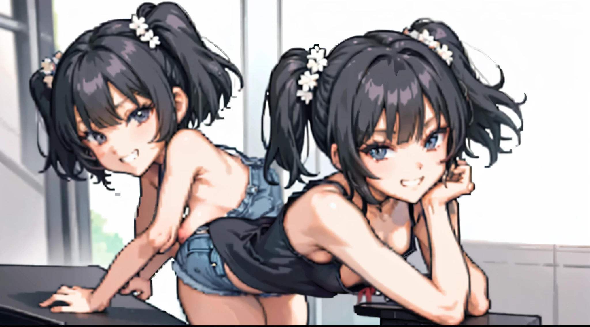 Nsfw, (8K、Highest image quality、highest quality、masterpiece)、detailed face、one 、black hair、short twintails、gray eyes、evil smile、((grin))、small breasts、((white camisole))、((tight denim short shorts))、((bent over:1.1))、((downblouse))、put your hand on your mouth、cowboy shot、stage background, ((nipple outlines under blouse)), ((buttcrack)), small waist, ((big ass)), ((thick thighs)), ((covered by clothing)),
