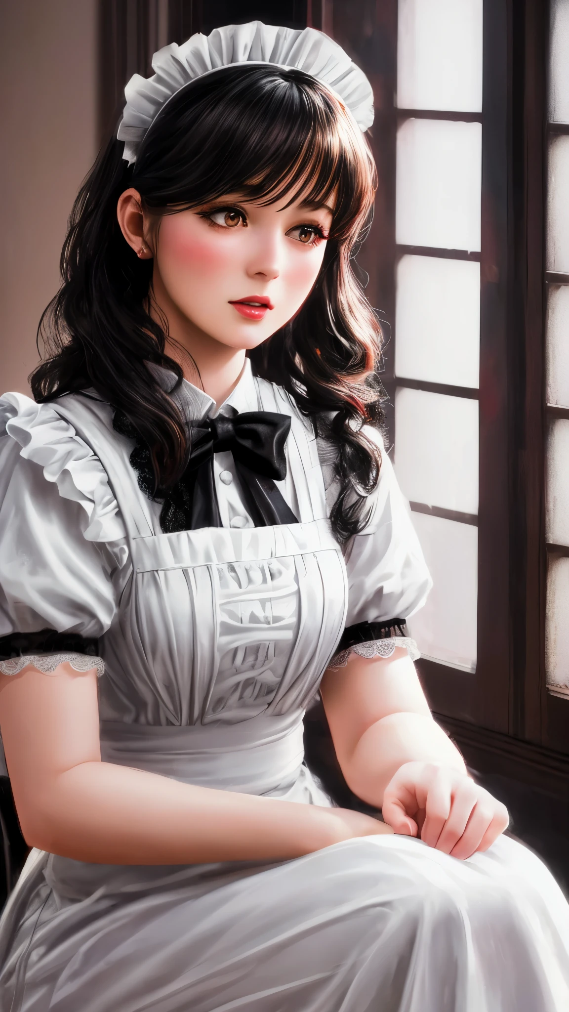 A maid in a white long dress with lace details, black bow, and black stockings, indoor, vintage style, soft lighting, delicate details,illustration,ultra-detailed,(realistic,photo-realistic:1.37),vivid colors,HDR,studio lighting