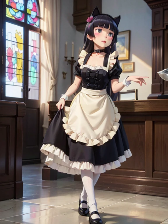 Ultra-high resolution, Attention to detail, (ruri gokou), blush, Long Hair, black hair, mole, mole under eye, 1 girl, Maid clothes, Cat ear, Black Tail, Anime Style, (apronスカート), Midi Skirt, (stockings), apron, Frills, ribbon, race, sense of cleanliness, cute, grace, service, (Demure), Cosplay, Black cat tail, collar, cuffs,Victorian, middle ages, city, church, satin, full body