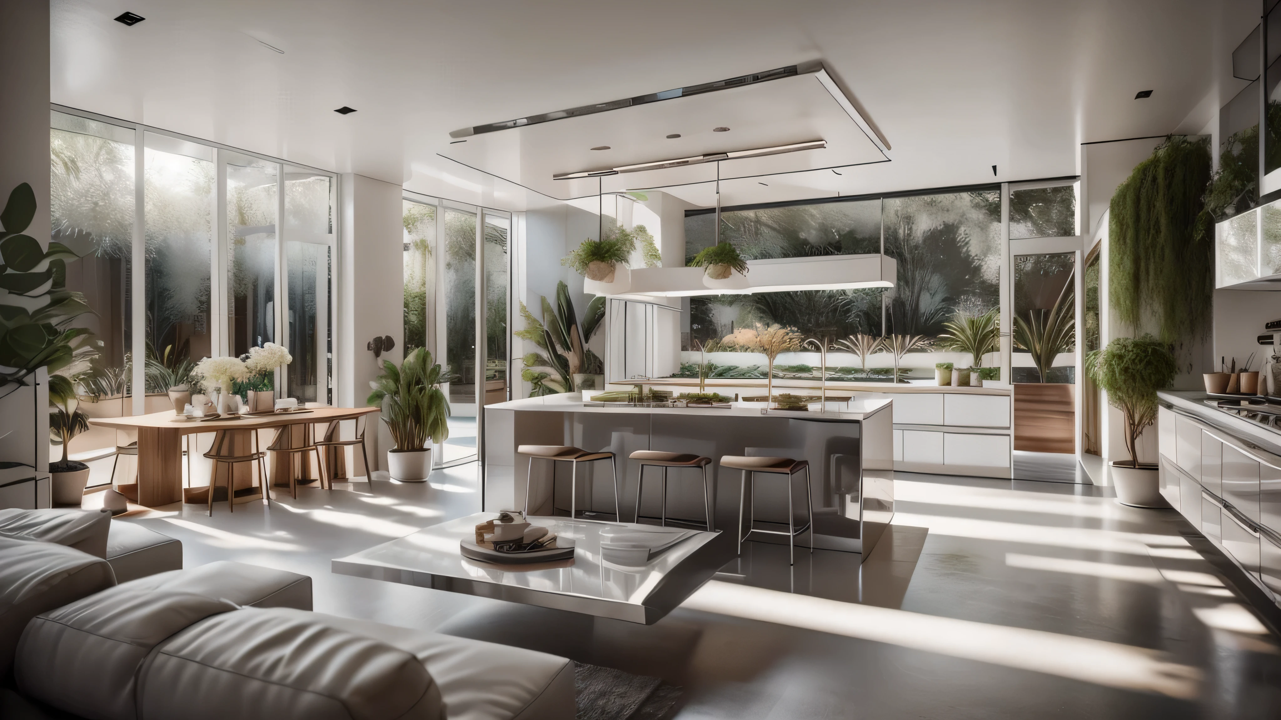 A sleek, all-white kitchen with glossy cabinets, stainless steel appliances, and a large island with barstools. Add a touch of greenery with small potted plants.