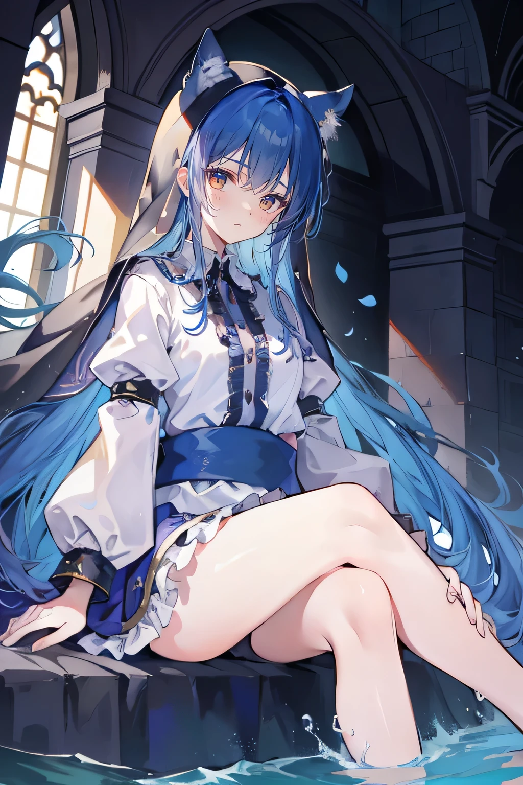 (masterpiece:1.2),Extremely detailed,Practical,expressive eyes,Fair skin,Perfect face shaping,1 Girl,
Japanese cartoons,Gorgeous blue hair, the long flowing blue hair,Floating clothes,Cat ears,Petals fall,beautiful lola,Young Angel,
Place your hands on your waist,sit elegantly on the ground,Cross your legs,Gentle and peaceful background,stately church,nun,lie on the water,Blackening,A look of disdain.