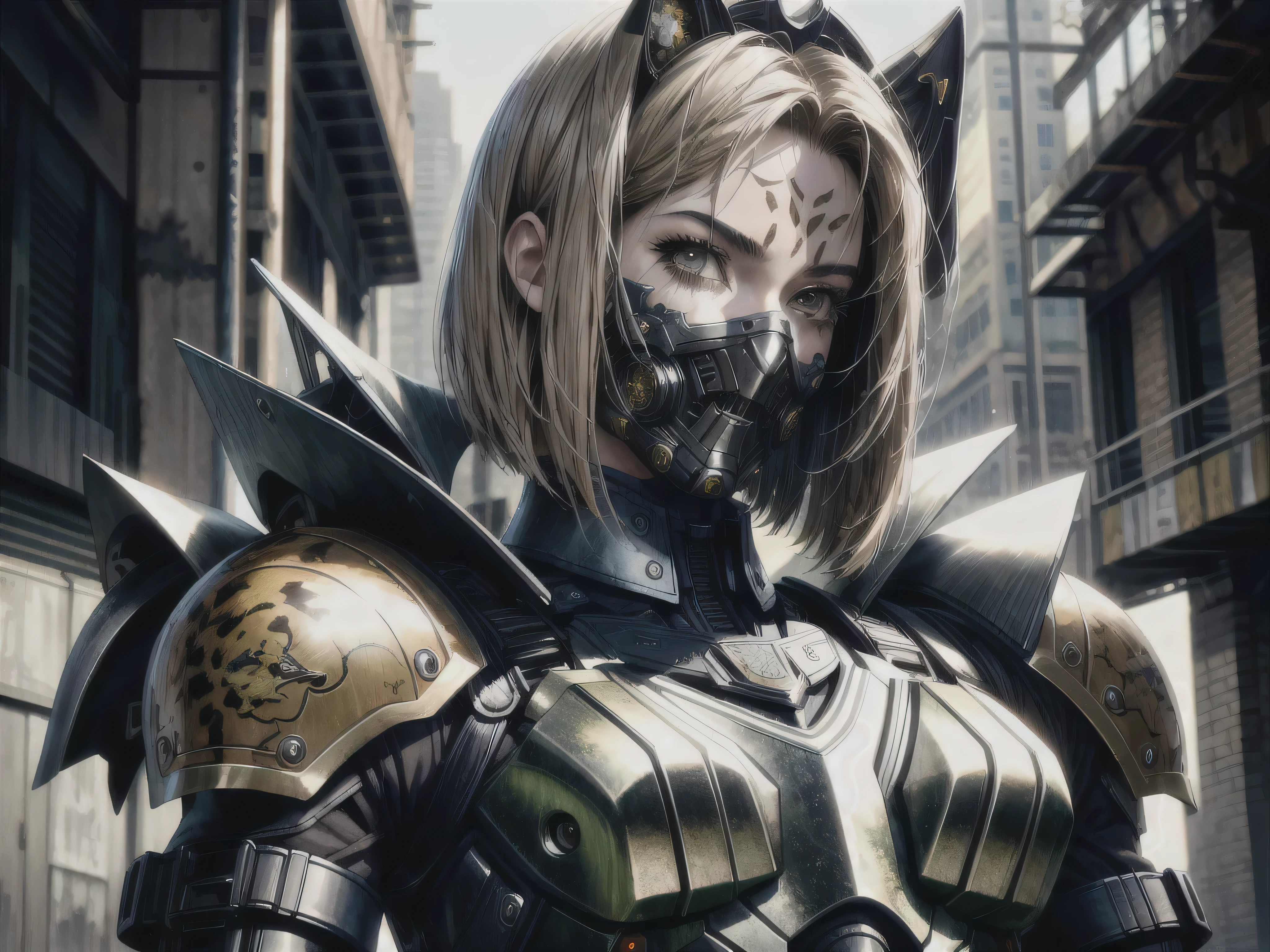 a highly detailed and intricate armored girl with a mask, short bob haircut, (best quality,4k,8k,highres,masterpiece:1.2),ultra-detailed,(realistic,photorealistic,photo-realistic:1.37),extremely detailed face and eyes,beautiful detailed eyes,beautiful detailed lips,extremely detailed facial features,intricate armor,complex machinery armor,mechanical armor suit,futuristic cyberpunk aesthetic,dynamic pose,dramatic lighting,gritty dystopian atmosphere,muted color palette,shiny metallic surfaces, cyborg cheetah