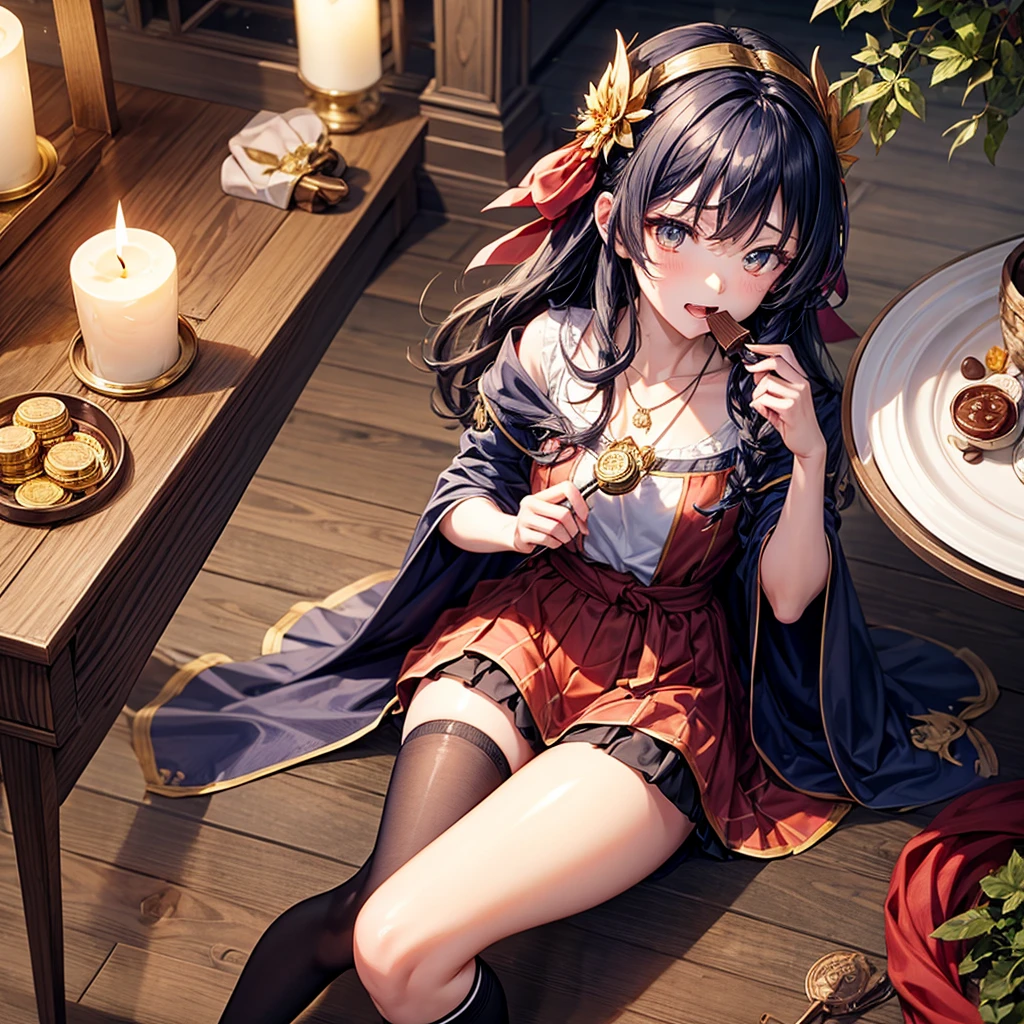 Dark Blue Hair、Golden Eyes、Braid、One good looking girl、solo、anime、Checkered mini skirt、Ruffles on the skirt、Red T-shirt、Cape、Gothic、Black knee-high socks、bandana、Wearing a ribbon、Ribbon on waist、Tilting face、Teeth are visible、Sunset sky、Piercing the clouds、Contrail、lotus leaves、Cumulonimbus、Pillar of Light、Magic wand、Sitting on a golden treasure chest、I'm pounding、candle fire、Eating chocolate、Silver coin necklace、From above