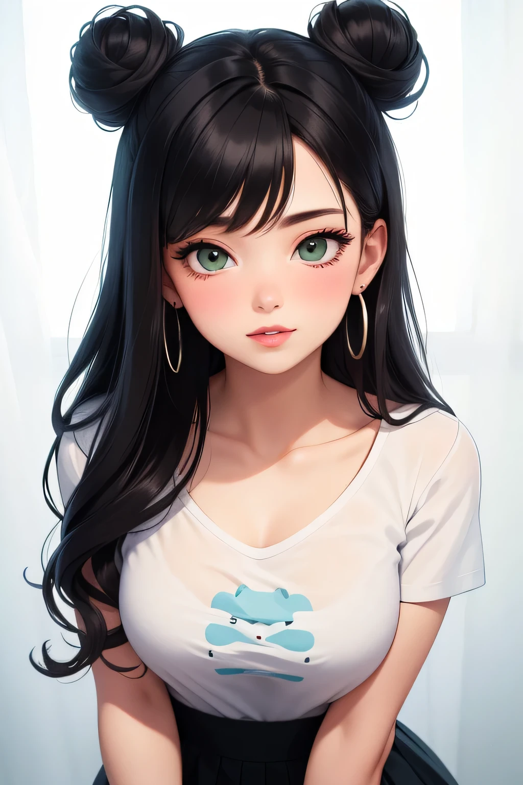 Amazing portrait of a sexy woman with a beautiful face with seductive eyes gazing intensely at me with her soft lips parted in anticipation of a kiss which is making her blush intensely her lips are also curved in a soft smile she has her luscious black hair in a cute bun wearing a black and white striped t shirt and a dark green skirt paired with some elegant earrings her t shirt showing her medium chest and perfect body off
