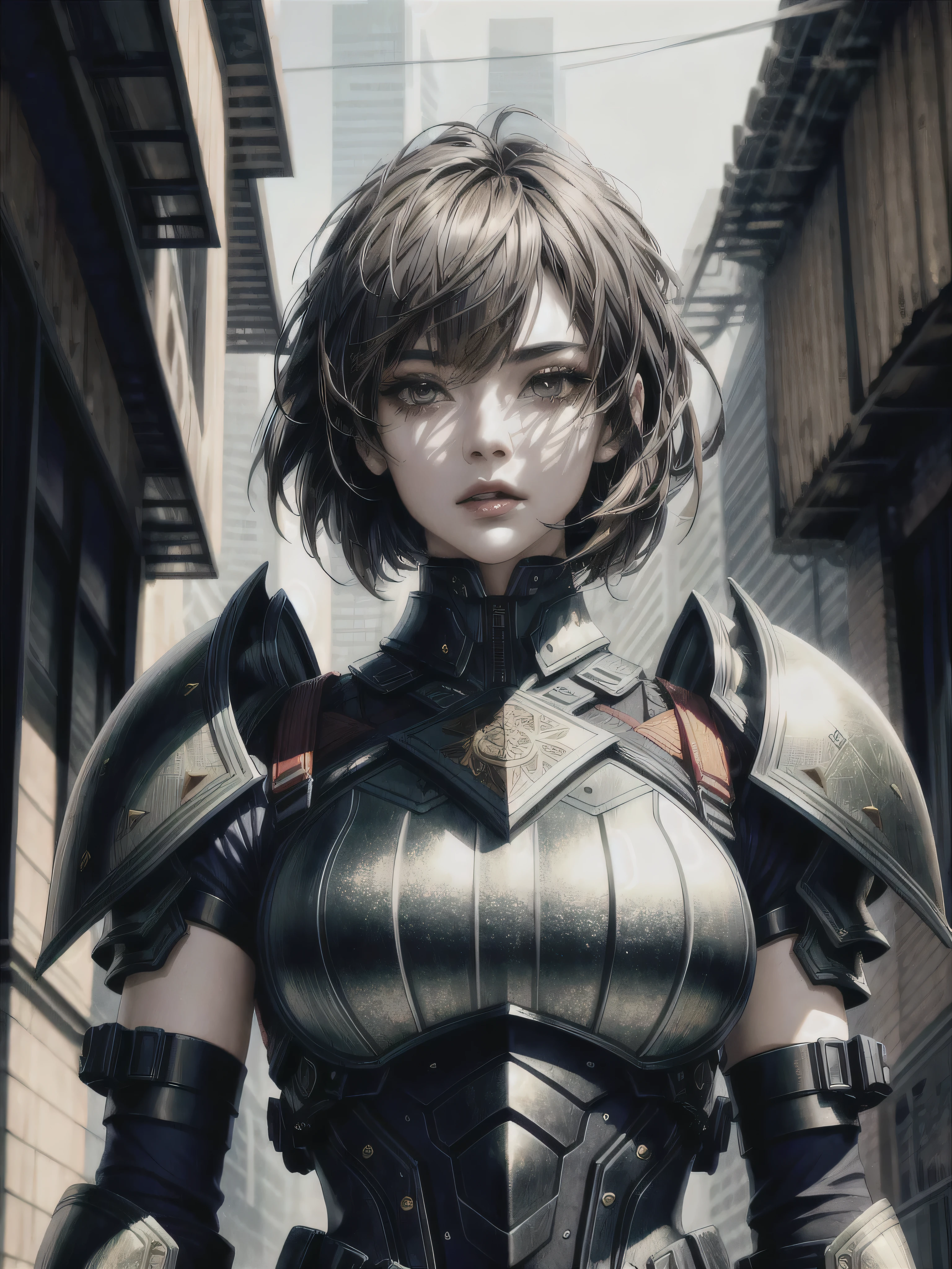 a highly detailed and intricate armored girl with a mask, short bob haircut, (best quality,4k,8k,highres,masterpiece:1.2),ultra-detailed,(realistic,photorealistic,photo-realistic:1.37),extremely detailed face and eyes,beautiful detailed eyes,beautiful detailed lips,extremely detailed facial features,intricate armor,complex machinery armor,mechanical armor suit,futuristic cyberpunk aesthetic,dynamic pose,dramatic lighting,gritty dystopian atmosphere,muted color palette,shiny metallic surfaces