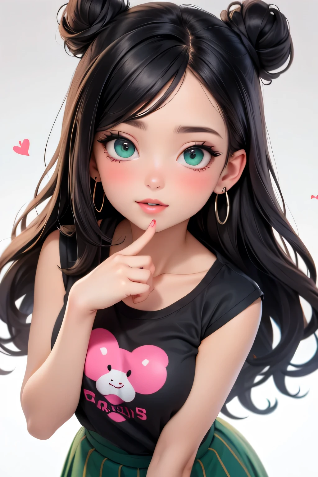 Amazing portrait of a sexy woman with a beautiful face with seductive eyes gazing intensely at me with her soft lips parted in anticipation of a kiss which is making her blush intensely her lips are also curved in a soft smile she has her luscious black hair in a cute bun wearing a black and white striped t shirt and a dark green skirt paired with some elegant earrings her t shirt showing her medium chest and perfect body off