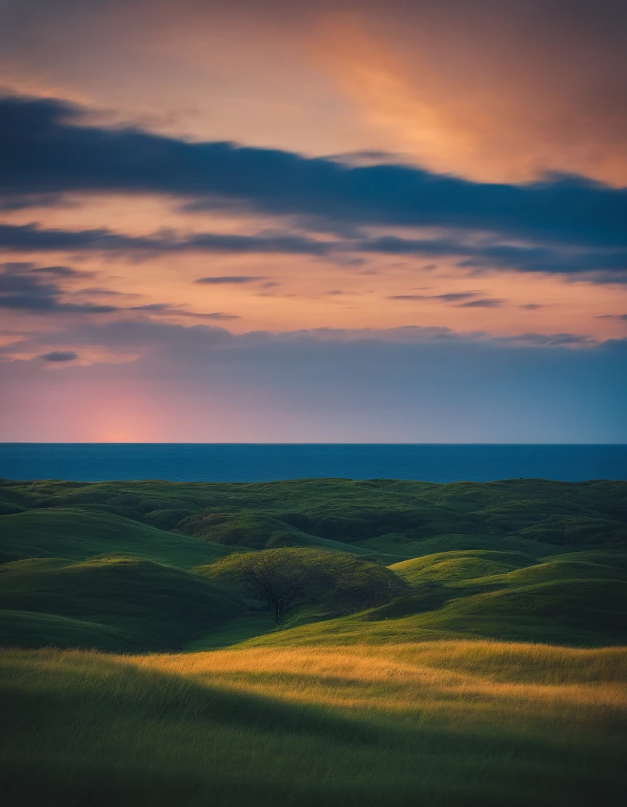 On a small island,Grass everywhere,In the distance is the sea,The island seems to be hanging over the sea,There is no sandy beach,There is a clear dividing line between the sea and the earth,The ground is high and the sea is on the seabed。I sat alone on the ground,The sky is deep blue,The sun has just set,Look into the distance,The ocean is vast。From the end of the ocean,The plane came into view,The wings leave colored light,Gradually,Rise to the top of your head,The sky turns colorful,Everywhere the eye can see,It's all gorgeous...