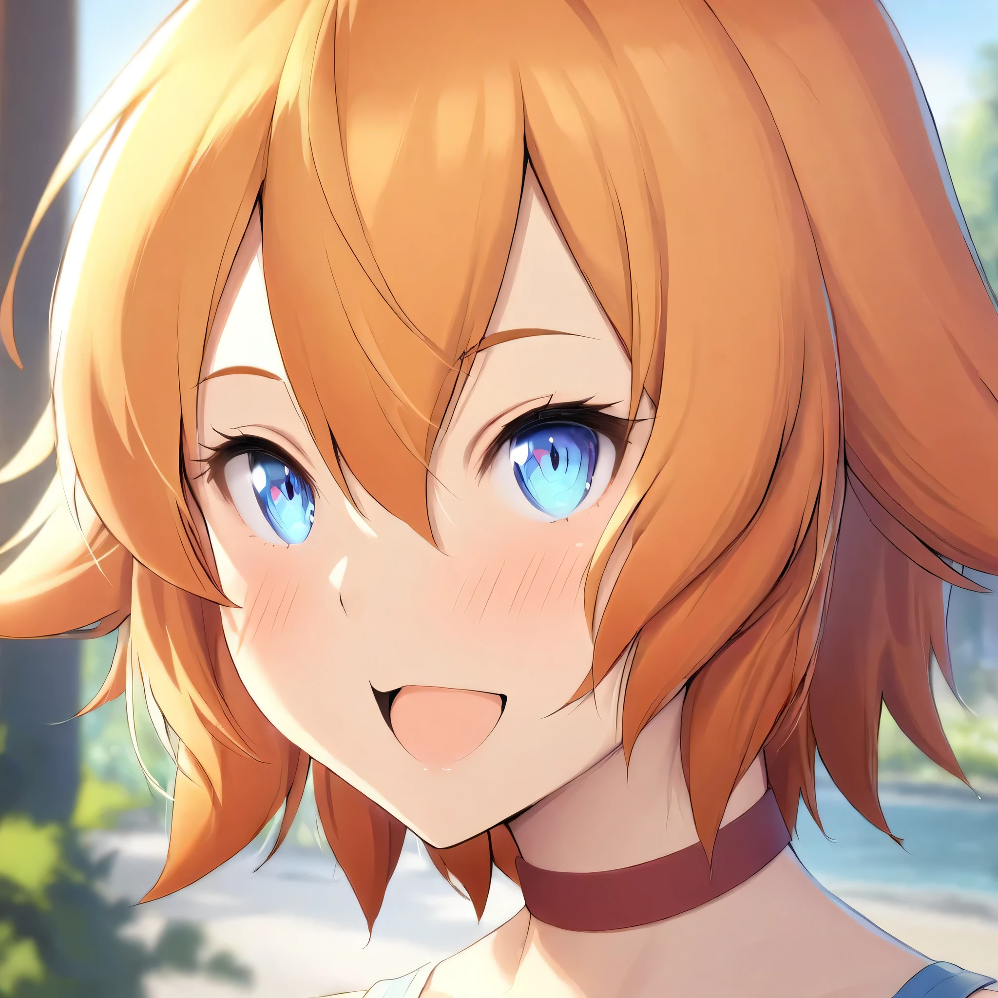 (masterpiece),(best quality),(ultra-detailed),(best illustration),(best shadow),(absurdres),(detailed background),(very aesthetic), philia(sao), 1girl, blue eyes, solo, short hair, open mouth,smile, blush, orange hair, choker, very close-up, portrait