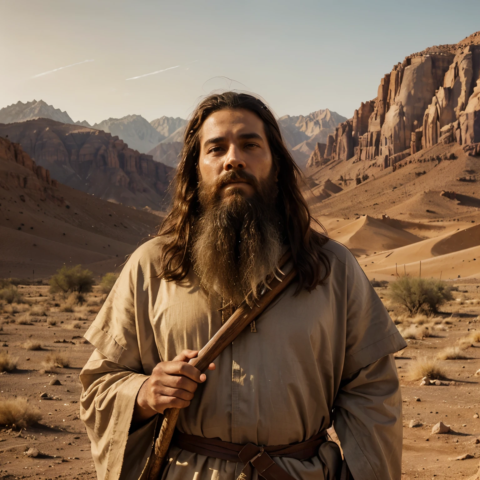 Create a realistic image of Moses with distinctly Hebrew features. Moses should be depicted with a strong, noble face, characterized by a prominent nose, high cheekbones, and a full beard. His skin tone should be olive, and his hair should be dark and curly. He should be dressed in traditional biblical robes, holding a staff, and standing in a desert landscape with Mount Sinai in the background. The scene should capture the reverence and strength of Moses as a leader and prophet of the Hebrew people. The lighting should be dramatic, with a golden sunset casting long shadows and highlighting the details of his face and attire.