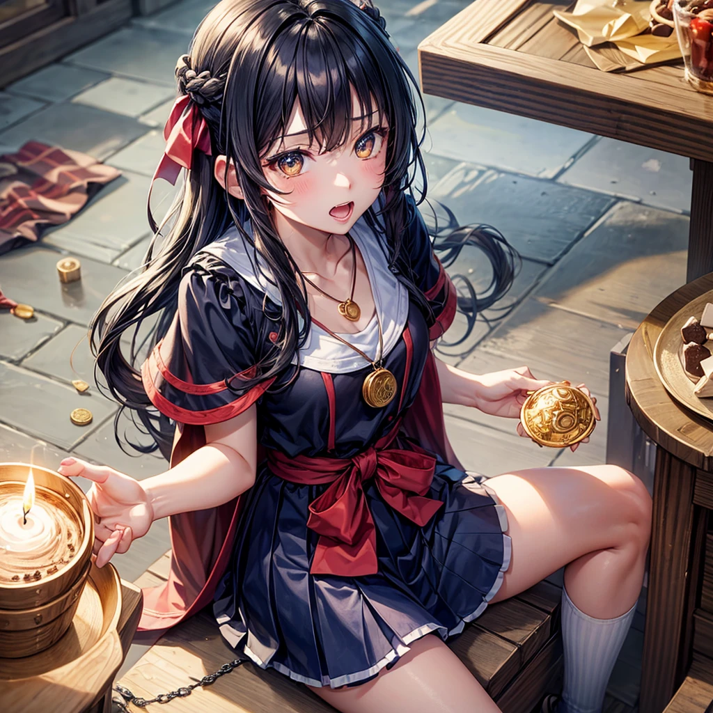 Dark Blue Hair、Golden Eyes、Braid、One good looking girl、solo、anime、Checkered mini skirt、Ruffles on the skirt、Red T-shirt、Cape、Gothic、Black knee-high socks、bandana、Wearing a ribbon、Ribbon on waist、Tilting face、Teeth are visible、Sunset sky、Piercing the clouds、Contrail、lotus leaves、Cumulonimbus、Pillar of Light、Magic wand、Sitting on a golden treasure chest、I'm pounding、candle fire、Eating chocolate、Silver coin necklace、From above
