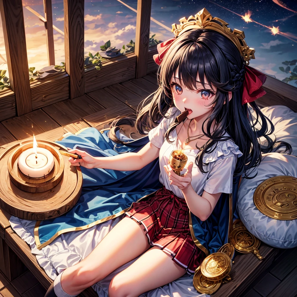 Dark Blue Hair、Golden Eyes、Braid、One good looking girl、solo、anime、Checkered mini skirt、Ruffles on the skirt、Red T-shirt、Cape、Gothic、Black knee-high socks、bandana、Wearing a ribbon、Ribbon on waist、Tilting face、Teeth are visible、Sunset sky、Piercing the clouds、Contrail、lotus leaves、Cumulonimbus、Pillar of Light、Magic wand、Sitting on a golden treasure chest、I'm pounding、candle fire、Eating chocolate、Silver coin necklace、From above