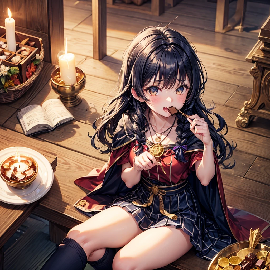 Dark Blue Hair、Golden Eyes、Braid、One good looking girl、solo、anime、Checkered mini skirt、Ruffles on the skirt、Red T-shirt、Cape、Gothic、Black knee-high socks、bandana、Wearing a ribbon、Ribbon on waist、Tilting face、Teeth are visible、Sunset sky、Piercing the clouds、Contrail、lotus leaves、Cumulonimbus、Pillar of Light、Magic wand、Sitting on a golden treasure chest、I'm pounding、candle fire、Eating chocolate、Silver coin necklace、From above