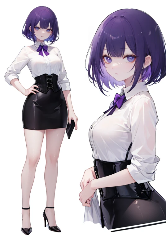 Purple hair,short hair,Adult female,((Rolling up your sleeves shirt)),(Corset),(Tight skirt),(high heels),((Simple White background)),Smile,((Full body)),((whole body)),Character Sheet,