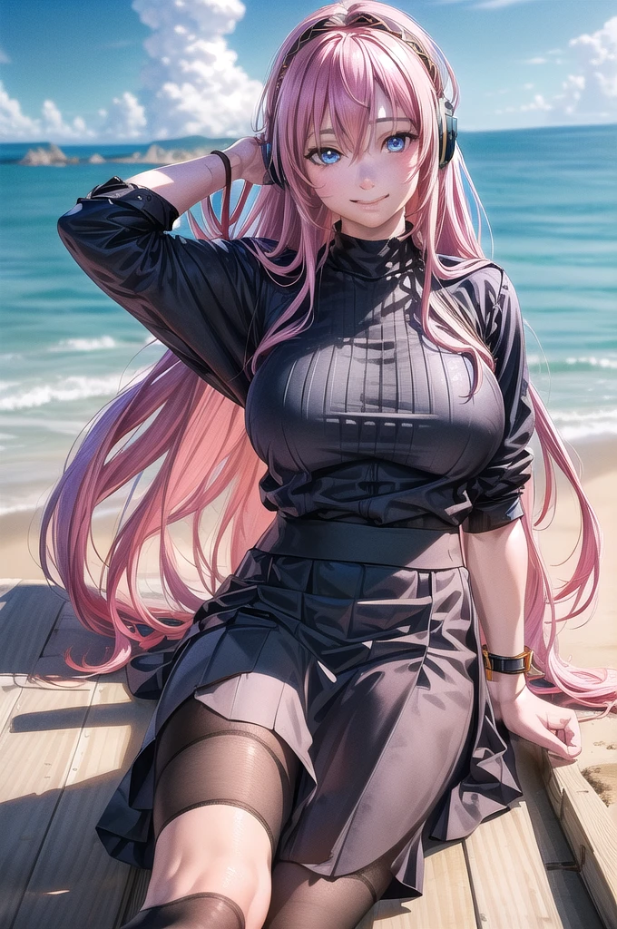 ((highest quality, 8K resolution, (Realistic, photoRealistic:1.37)),((masterpiece)),,Highly detailed CG,unity 8k wallpaper,Super detailed,Lighthouse on top of a cliff by the sea,One mature woman,alone,Upper Body,(Portraiture:1.2),megurine luka,Long Hair,fringe,headset,Black Shirt,smile,blue eyes,Hair between the eyes,Big Breasts,Pink Hair,Black knee socks,Headphones,Black Skirt,Wrist cuff,Long skirt,