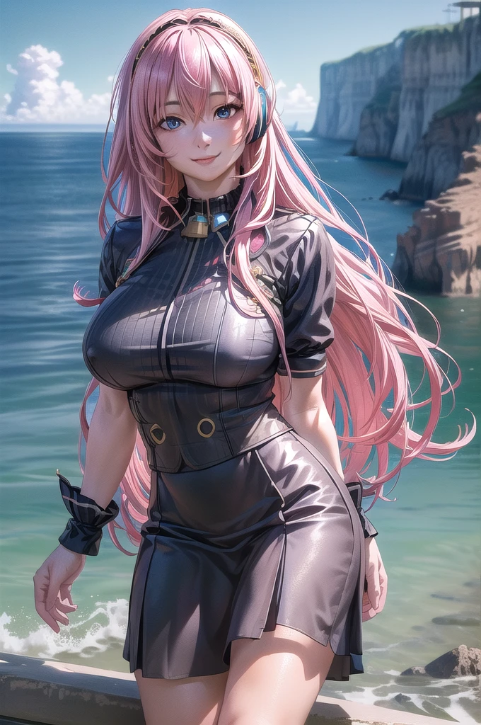 ((highest quality, 8K resolution, (Realistic, photoRealistic:1.37)),((masterpiece)),,Highly detailed CG,unity 8k wallpaper,Super detailed,Lighthouse on top of a cliff by the sea,One mature woman,alone,Upper Body,(Portraiture:1.2),megurine luka,Long Hair,fringe,headset,Black Shirt,smile,blue eyes,Hair between the eyes,Big Breasts,Pink Hair,Black knee socks,Headphones,Black Skirt,Wrist cuff,Long skirt,