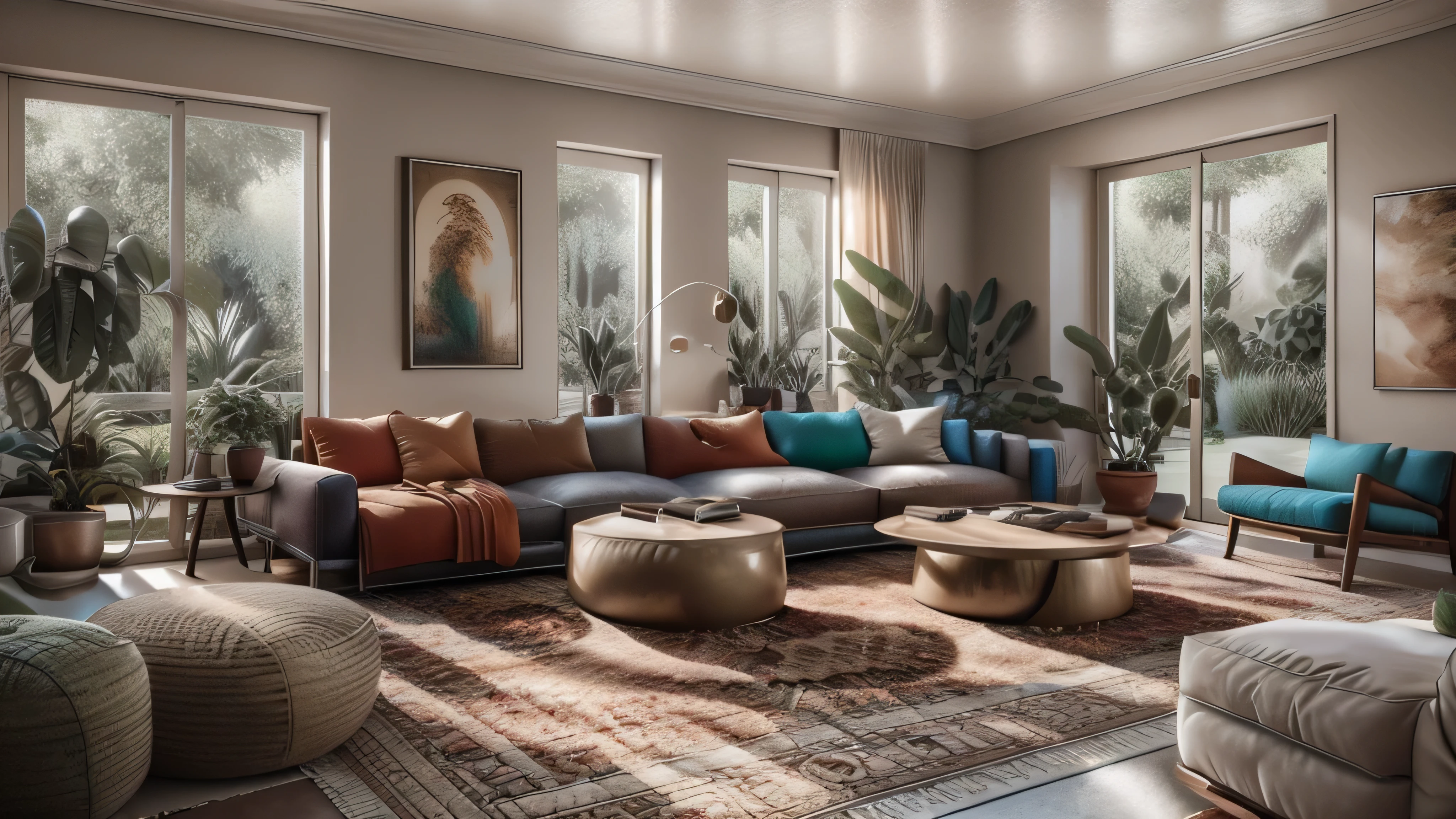 A mix of vibrant colors, patterns, and textures. Include a low, cushioned sofa, a variety of throw pillows, a Persian rug, and plenty of houseplants.