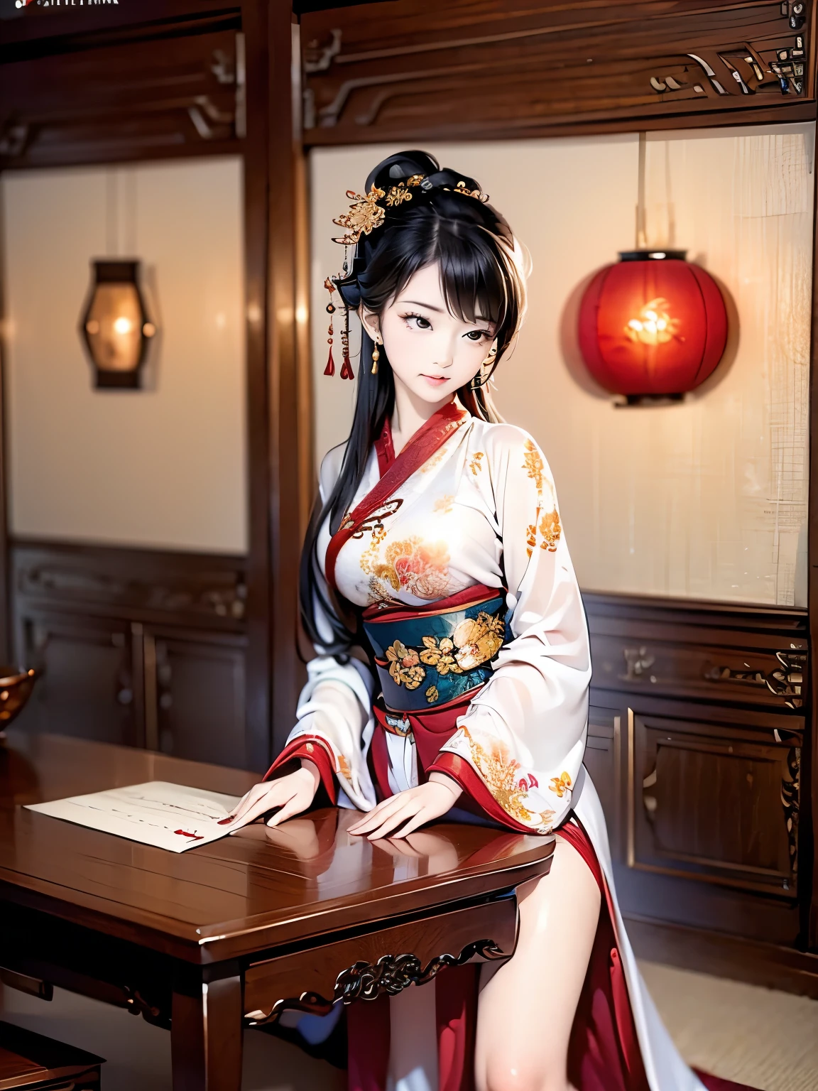 ((high-definition Chinese traditional ink image, hanfu)), eyes realistic sizing, drooping eyes, smiling, ((spread legs, standing and straddling to hit her crotch on a corner of the table for masturbation)), ((pubic hair, genitals, crouching, large areolas, orgasm face, intense mating)), old fashion, open mouth, 