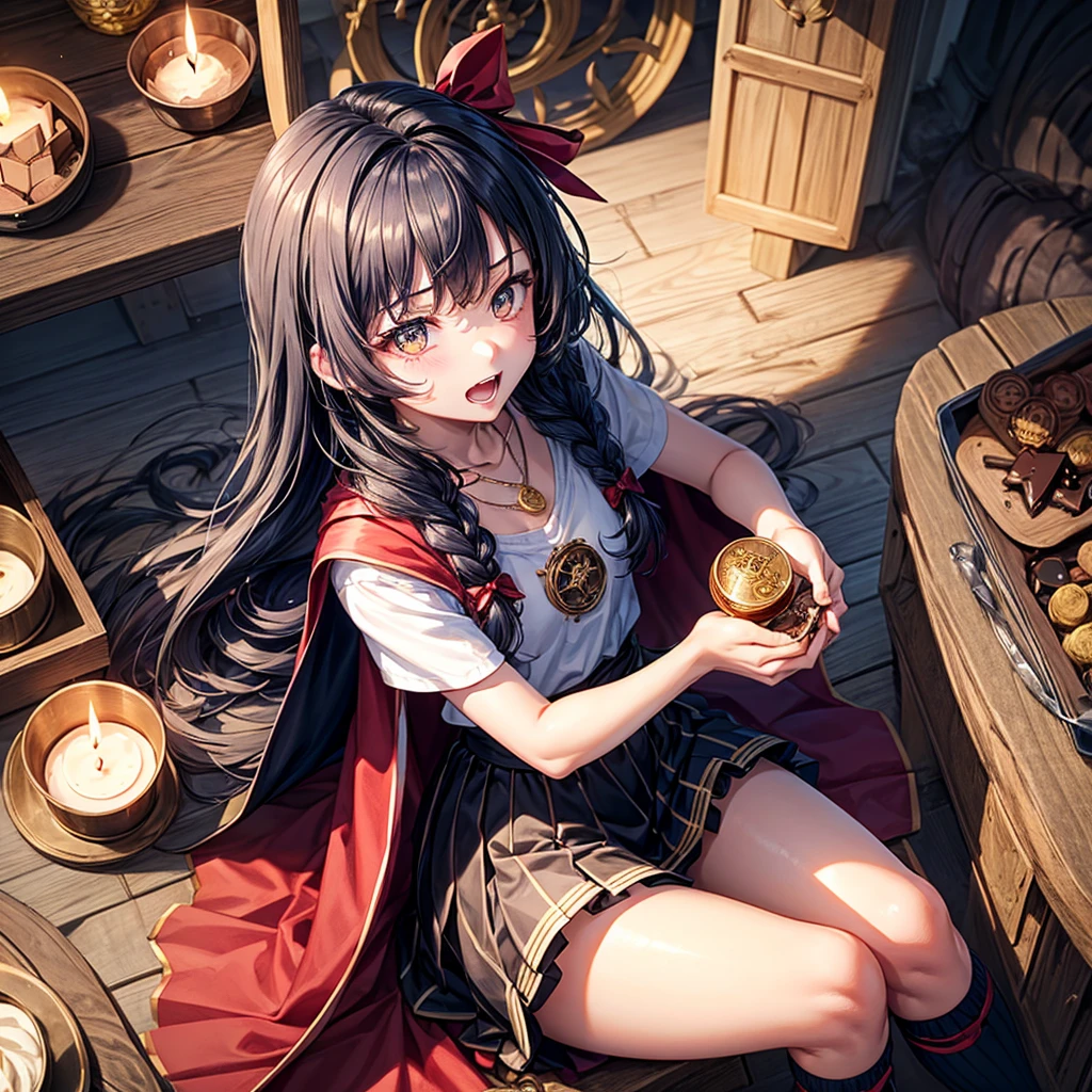 Dark Blue Hair、Golden Eyes、Braid、One good looking girl、solo、anime、Checkered mini skirt、Ruffles on the skirt、Red T-shirt、Cape、Gothic、Black knee-high socks、bandana、Wearing a ribbon、Ribbon on waist、Tilting face、Teeth are visible、Sunset sky、Piercing the clouds、Contrail、lotus leaves、Cumulonimbus、Pillar of Light、Magic wand、Sitting on a golden treasure chest、I'm pounding、candle fire、Eating chocolate、Silver coin necklace、From above