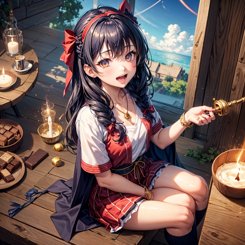 Dark Blue Hair、Golden Eyes、Braid、One good looking girl、solo、anime、Checkered mini skirt、Ruffles on the skirt、Red T-shirt、Cape、Gothic、Black knee-high socks、bandana、Wearing a ribbon、Ribbon on waist、Tilting face、Teeth are visible、Sunset sky、Piercing the clouds、Contrail、lotus leaves、Cumulonimbus、Pillar of Light、Magic wand、Sitting on a golden treasure chest、I'm pounding、candle fire、Eating chocolate、Silver coin necklace、From above