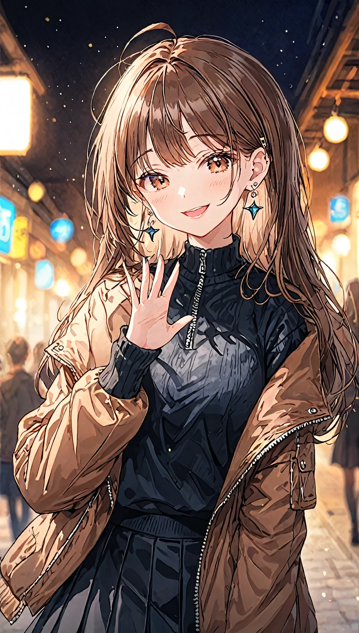 One girl, Ahoge, bangs, black skirt, black sweater, Blue Claws, Blurred, Blurred background, chest, Brown eyes, Brown Hair, brown Jacket, Mouth closed, Day付付き, Day, Depth of written boundary, Earrings, eyelash, Raise your hand, Tilt your head, Jacket, jewelry, Long Hair, Long sleeve, View Viewer, medium chest, Manicure, Open clothes, open Jacket, Outdoor, Pursed lips, Tucked in shirt, Side Lock, skirt, Sleeves are longer than the wrist, alone, sweater, Upper Body, zipper, smile, ((masterpiece)), 