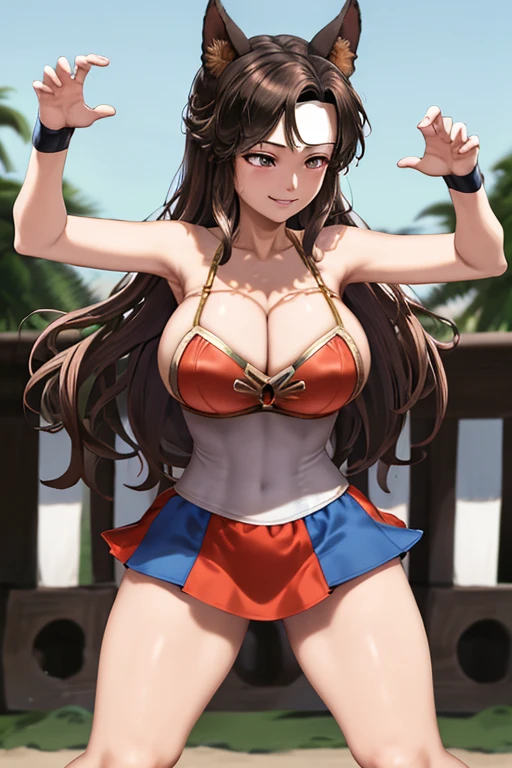 masterpiece, best quality, beautiful art, high resolution, well formed hands, body and fingers, 1 woman, solo, Imaizumi  Kagerou, wolf ears and wolf tail, wearing a wonder woman outfit, adult, big breasted, cleavage, full body, sexy and skimpy outfit , gorgeous legs and thighs , she is fighting in a combat match, showing her fighting skills, making her guard, about to hit the viewer, looking at the viewer, sweating, bouncing breasts, smiling joyfully and brightly, being confident and proud, action and fighting scene, martial arts tournament with beach environment 