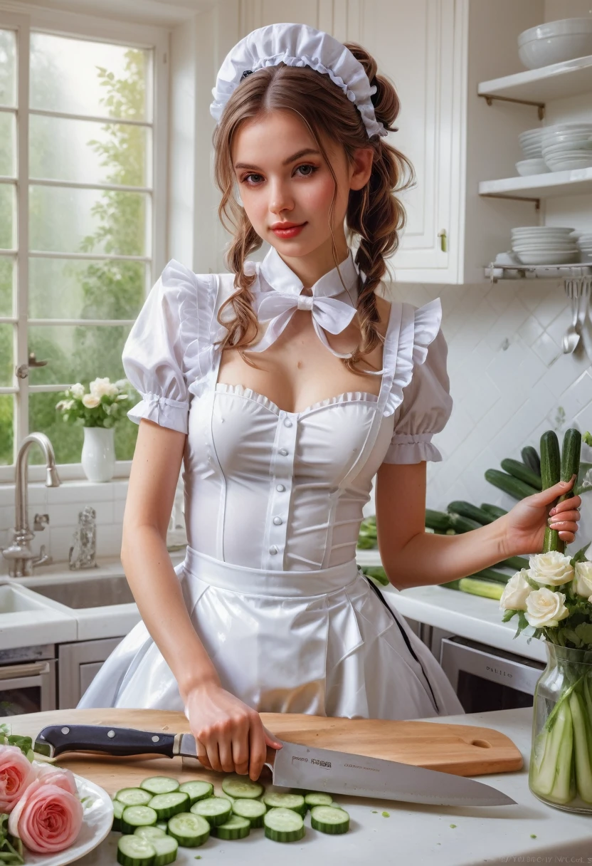 Maid Outfit, beautiful french maid in white latex outfit cutting cucumber in kitchen with knive, pretty face , pretty features, pretty pose, delicate, innocent, pretty kitchen, roses, light, detailed, acrylic, watercolor, royo