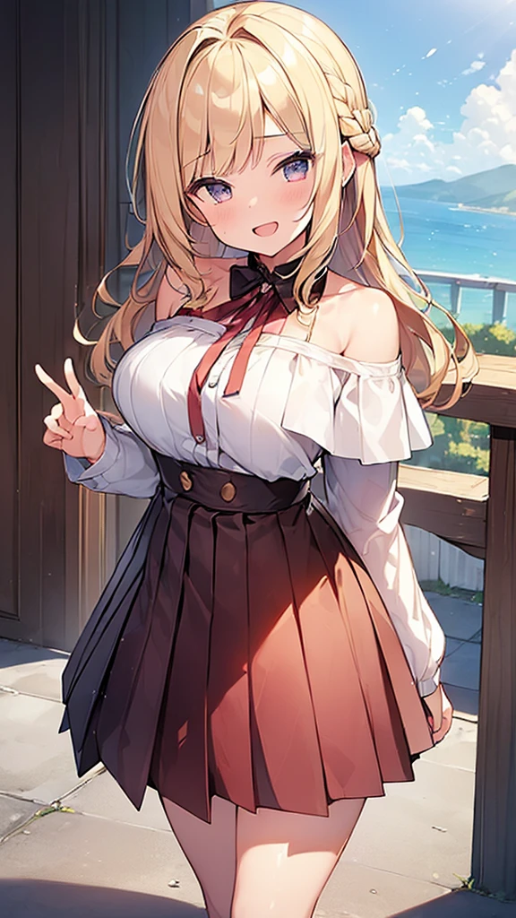 (Masterpiece, Top quality: 1.5), (Pleated Skirt:1.4),(off shoulder:1.3) ,walking, 1 beautiful girl, solo, blond hair, Braided hair, medium hair, wave hair, (:1.2), big breasts, standard weight, smile:1.2, blush:1.4, open mouth, dynamic pose, beautiful scene, magnificent panorama view