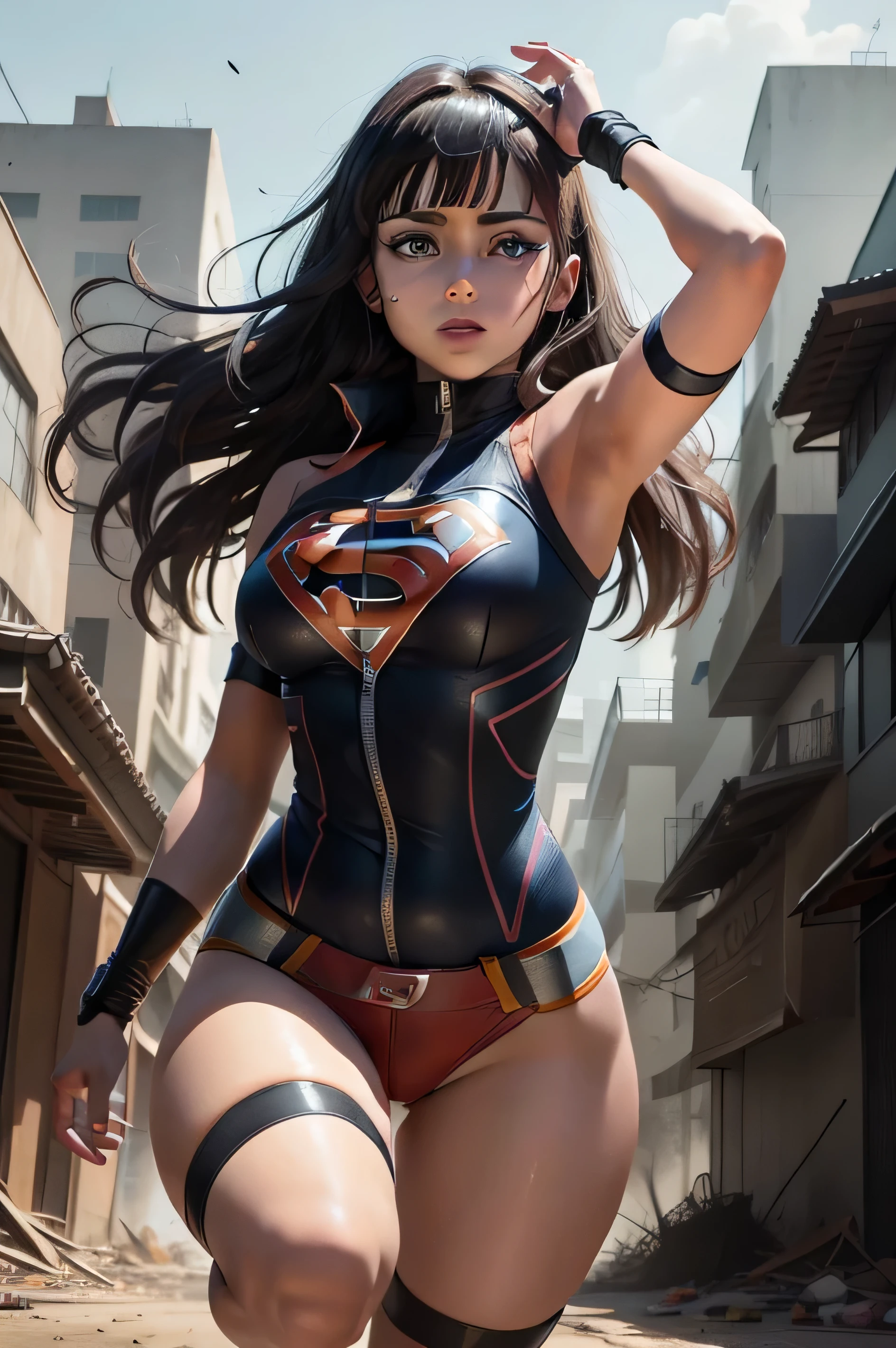 Hinata Hyuuga (naruto) x supergirl, 30 anos, olhar maduro, Sozinho, corpo todo, Corpo  super sedutor, detalhado, realista, female, efeito do poder da raiva, perfect lighting, sombra perfeita, Hinata Hyuuga (naruto) x supergirl, flying over the destroyed buildings, sombrancelha bonita, olhos verdes.