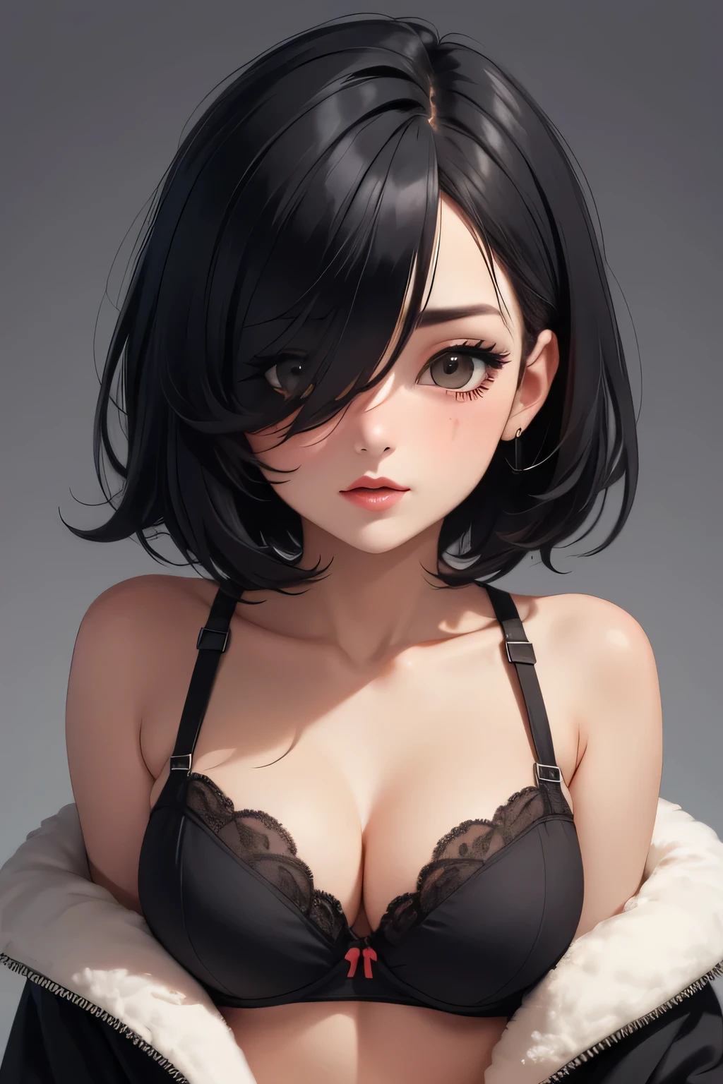 Amazing portrait of a cute goth woman with her short black hair in a bob hairstyle and she's wearing heavy eyeliner around her eyes and she's gazing at you seductively she wears an off shoulder t shirt that is orange and black with black bra straps 