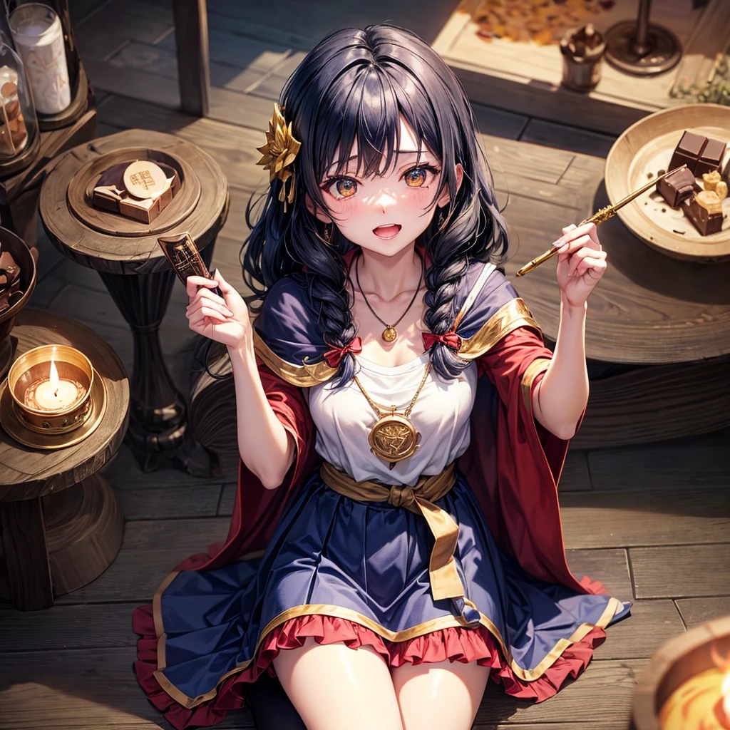 Dark Blue Hair、Golden Eyes、Braid、One good looking girl、solo、anime、Checkered mini skirt、Ruffles on the skirt、Red T-shirt、Cape、Gothic、Black knee-high socks、bandana、Wearing a ribbon、Ribbon on waist、Tilting face、Teeth are visible、Sunset sky、Piercing the clouds、Contrail、lotus leaves、Cumulonimbus、Pillar of Light、Magic wand、Sitting on a golden treasure chest、I'm pounding、candle fire、Eating chocolate、Silver coin necklace、From above