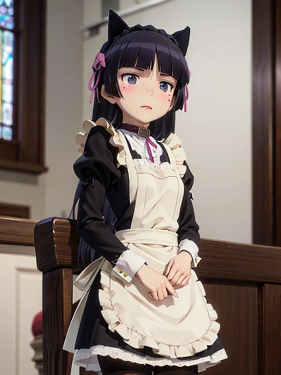 Ultra-high resolution, Attention to detail, (ruri gokou), blush, Long Hair, black hair, mole, mole under eye, 1 girl, Maid clothes, Cat ear, Black Tail, Anime Style, (apronスカート), Midi Skirt, (stockings), apron, Frills, ribbon, race, sense of cleanliness, cute, grace, service, (Demure), Cosplay, Black cat tail, collar, cuffs,Victorian, middle ages, city, church, satin, 