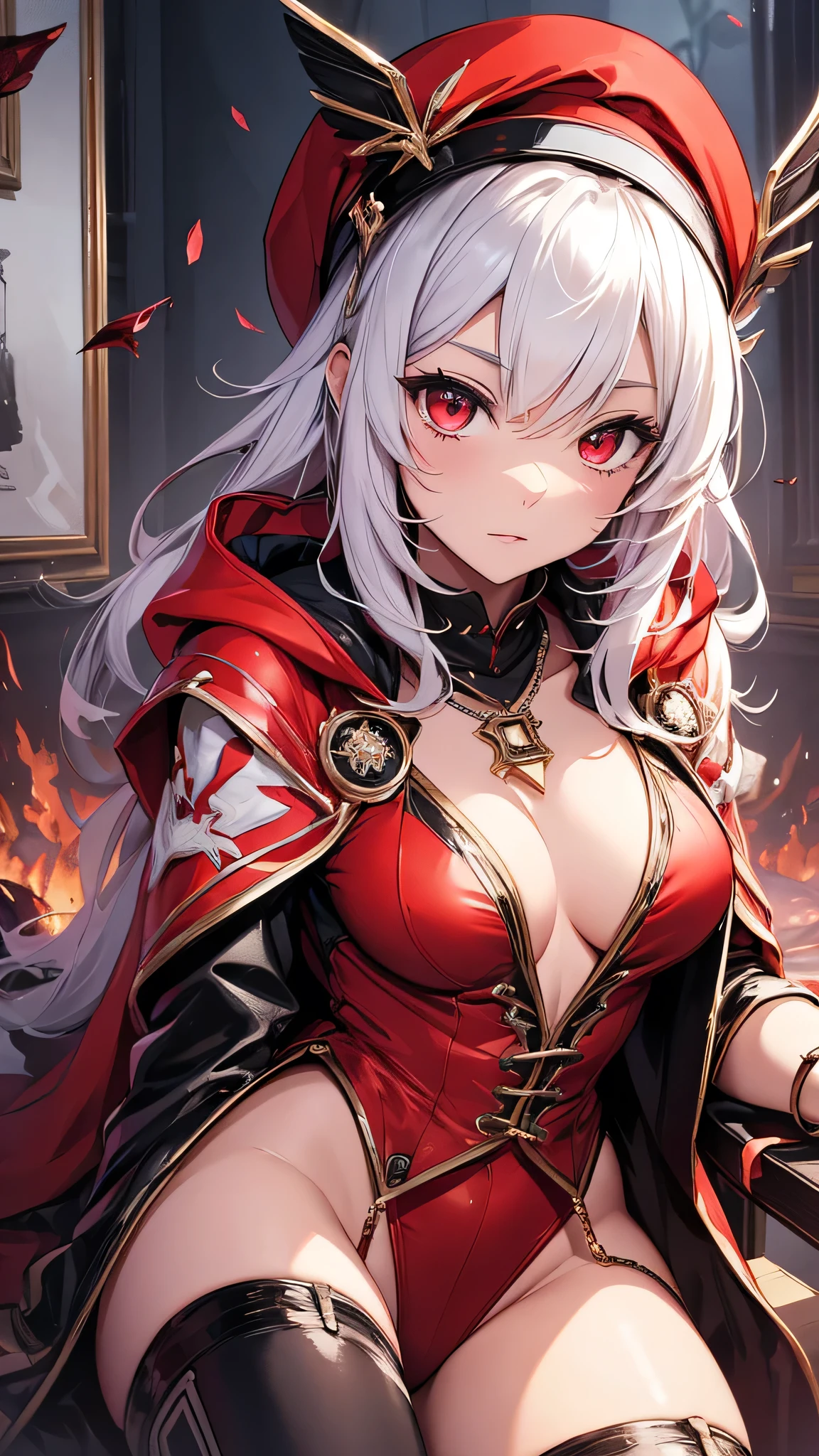 Highest quality、Highest quality、Masterpiece、girl((Metal body,Age 25、as soon as、Highest Bust、Medium Bust、Wide open chest、Red glowing eyes、Black Ear、Red Mesh、Disheveled Hair、Loincloth、thin、The best valley、Open chest、Red Cape、hair ornaments、Full body view、Black short-sleeved hoodie、Red pants、Ruby Necklace、No underwear、hat,Intoxication、Sit on a chair、Crossing your legs))、high quality、Beautiful Art、background((night、Red room、Cool chair,Cool chess board、table、red wine))、flight、Flying Debris、Depth of text、movie、Visual Arts、Perfect Art、8K、Genuine、Special Angles
