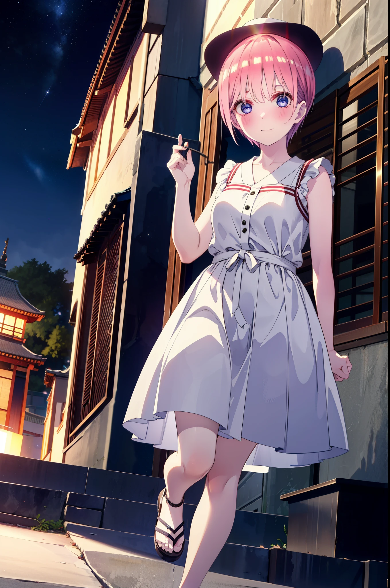 ichikanakano, ichika nakano, short hair, bangs, blue eyes, Hair between the eyes, Pink Hair,smile,Sleeveless white dress,Bare arms,White long skirt,Cute heeled sandals,whole bodyがイラストに入るように,Looking down from above,walk,moonlight,night,ロマンチックなnight景,Starry Sky,shooting star,Looking up from below,stone stageに座っている,
break outdoors, shrine,stone stage,Building district,
break looking at viewer, whole body,
break (masterpiece:1.2), highest quality, High resolution, unity 8k wallpaper, (shape:0.8), (Beautiful details:1.6), Highly detailed face, Perfect lighting, Highly detailed CG, (Perfect hands, Perfect Anatomy),