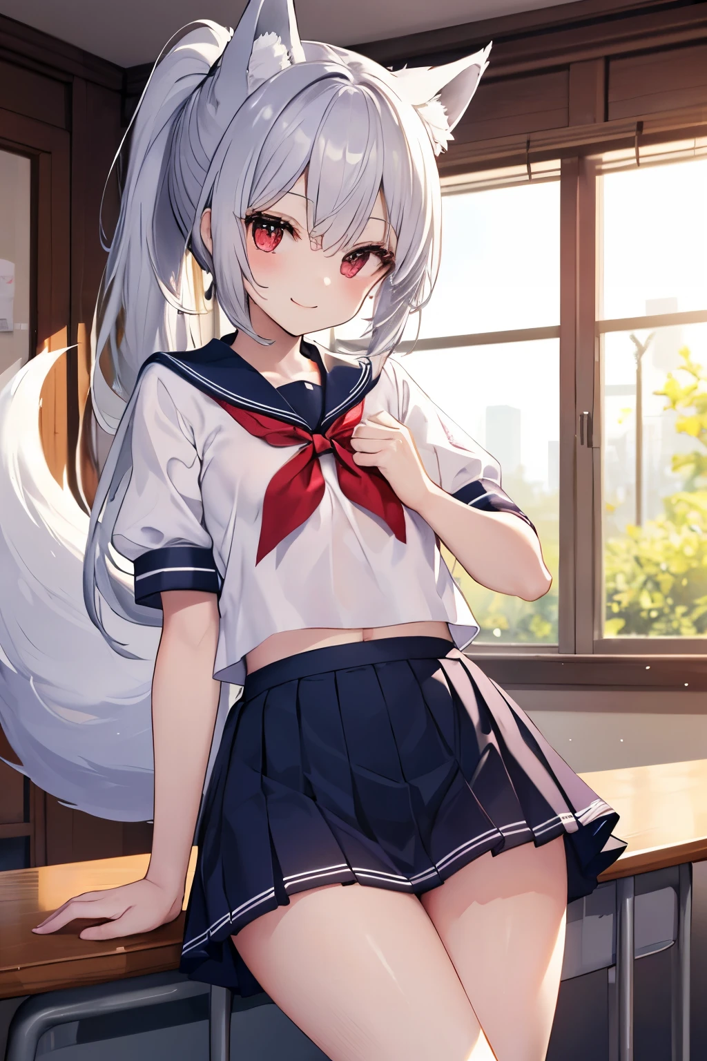 Silver Hair、Red Eye、Fox Ears、girl、Small breasts、ponytail、girl、Small breasts、ta、Bright smile、Looks about 15 yan Musume、short、目のhighlight、Sexy thighs、School、Short-sleeved sailor suit、mini skirt、Your eyes are so beautiful、highlight