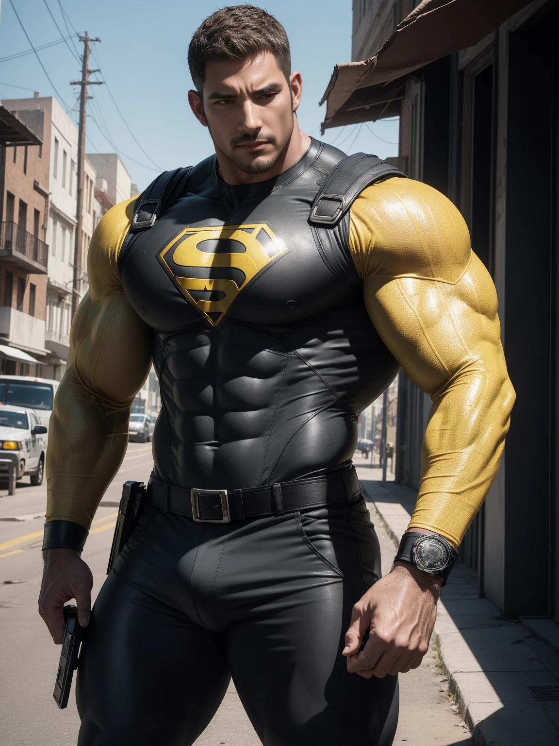 Angry super muscular man,  Buzz Cut，On the old-style outdoor street under the hot sun, Wear a long-sleeved Dark Yellow superhero bodysuit, Mud wrapped body，Clothes are very dirty with mud stains，The expression is arrogant, Thick thighs, Messy hair, Thick thighs, High collar, long sleeves, Dark Yellow superhero bodysuit, very tight, Regular symmetrical pattern, Highlight muscles, Police uniform pants, character concept（Resident Evil - Chris Redfield, Chris Redfield）A proud expression, Deep and charming eyes, Heroic male pose, tall Burly, muscular！muscular thighs, tough guy, perfect facial features, High, Burly, Heqiang, Super polished and cool, High Resolution Committee, Charismatic, The sun is blazing, dazzling