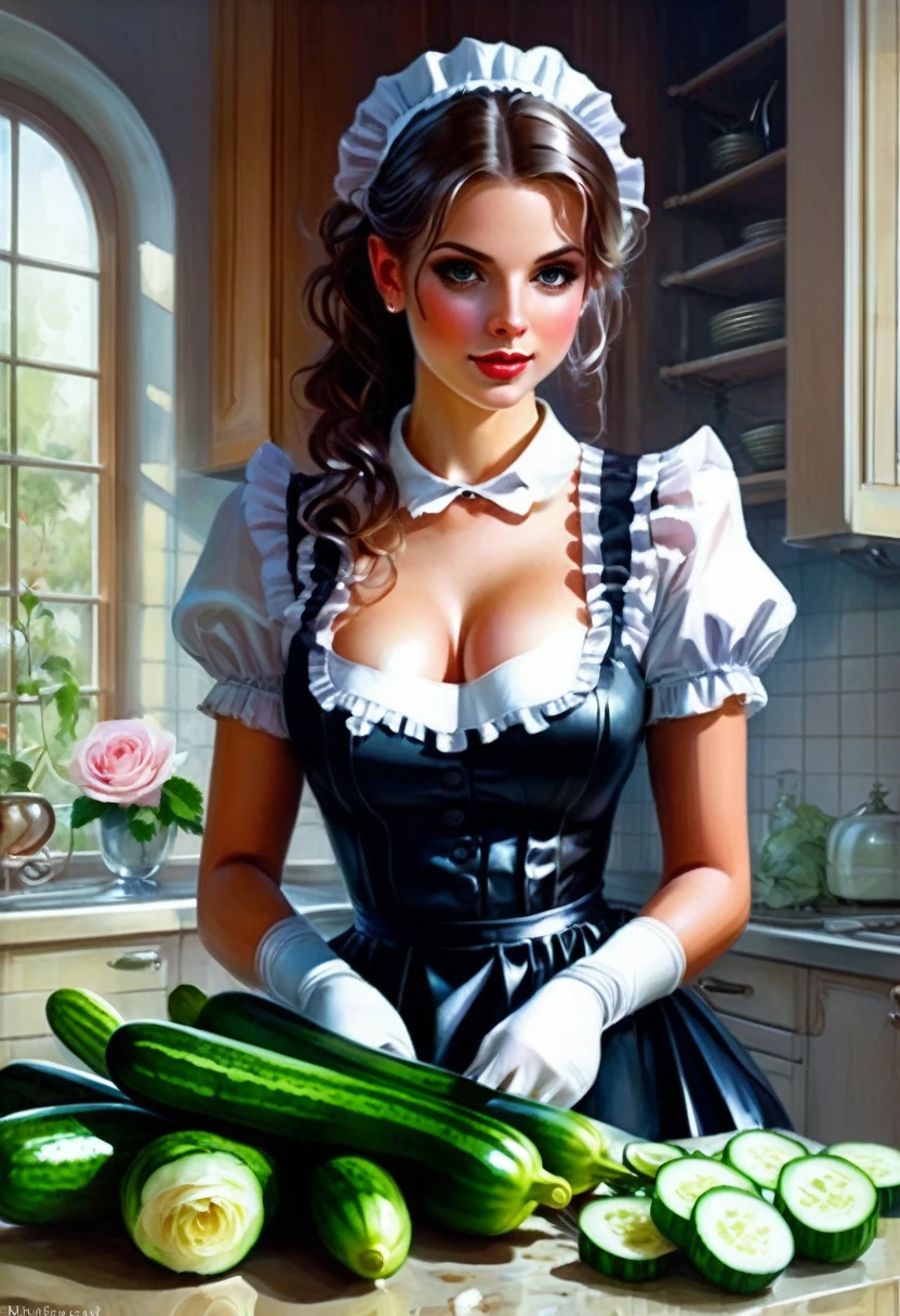 Maid Outfit, beautiful french maid in white latex outfit cutting cucumber in kitchen with knive, pretty face , pretty features, pretty pose, delicate, innocent, pretty kitchen, roses, light, detailed, acrylic, watercolor, royo