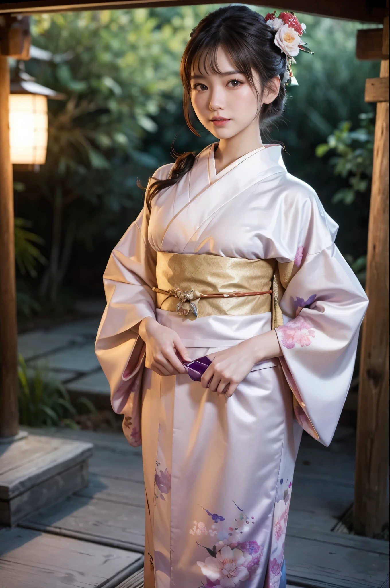 (masterpiece, highest quality, Realistic, High resolution, photograph, :1.3), Sharp focus, 1 Cute Japanese Girl, Hot Model, Highly detailed eyes and pupils, Realistic Skin, Highly detailed hair, Delicate face, Sensual look, Bright lips, Natural Lip, ((whole body shot)), standing pose, smile, (Kimono:1.5), (Floral:1.2), ((sash)), ((obi)), outside of home, (Japanese Style Country), full body,