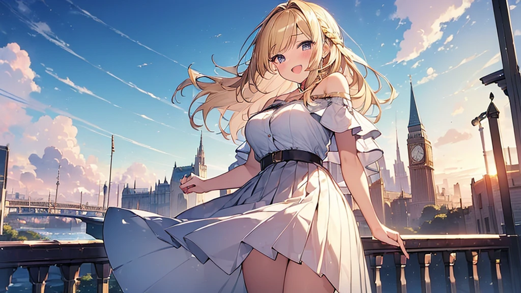 (Masterpiece, Top quality: 1.5), (Pleated Skirt:1.4),(off shoulder:1.3) ,walking, 1 beautiful girl, solo, blond hair, Braided hair, medium hair, wave hair, (:1.2), big breasts, standard weight, smile:1.2, blush:1.4, open mouth, dynamic pose, beautiful scene, magnificent panorama view