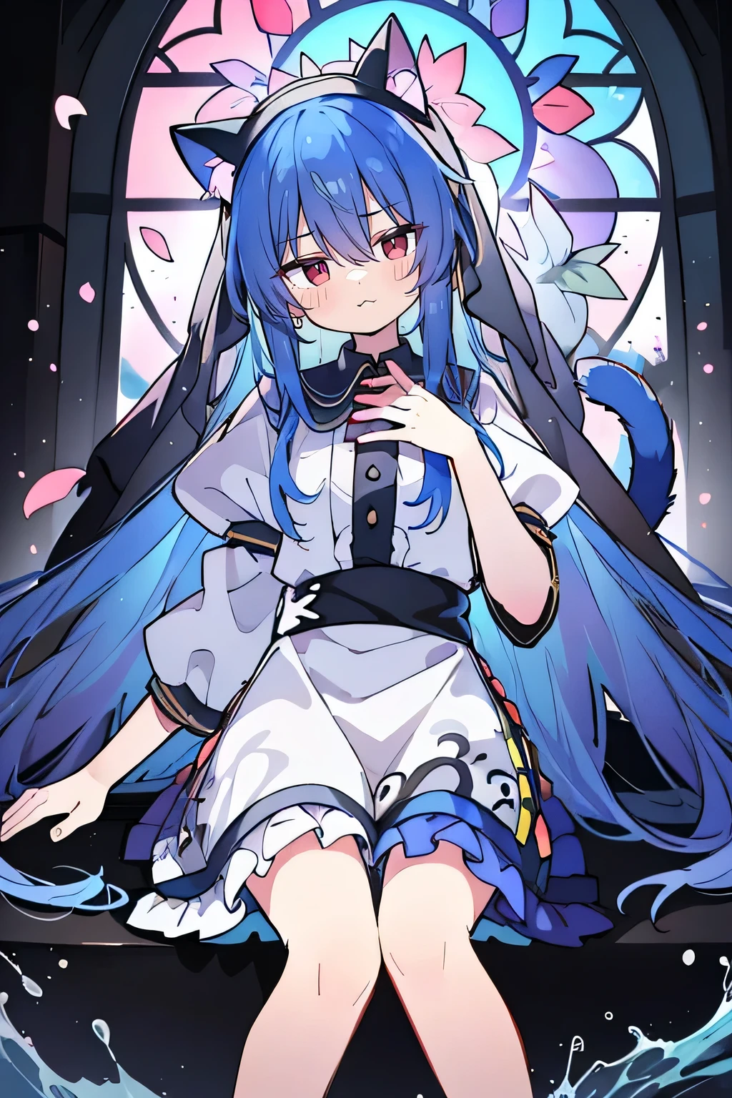 (masterpiece:1.2),Extremely detailed,Practical,expressive eyes,Fair skin,Perfect face shaping,1 Girl,
Japanese cartoons,Gorgeous blue hair, the long flowing blue hair,Floating clothes,Cat ears,Petals fall,beautiful lola,Young Angel,
Place your hands on your waist,sit elegantly on the ground,Cross your legs,Gentle and peaceful background,stately church,nun,lie on the water,Blackening,A look of disdain.