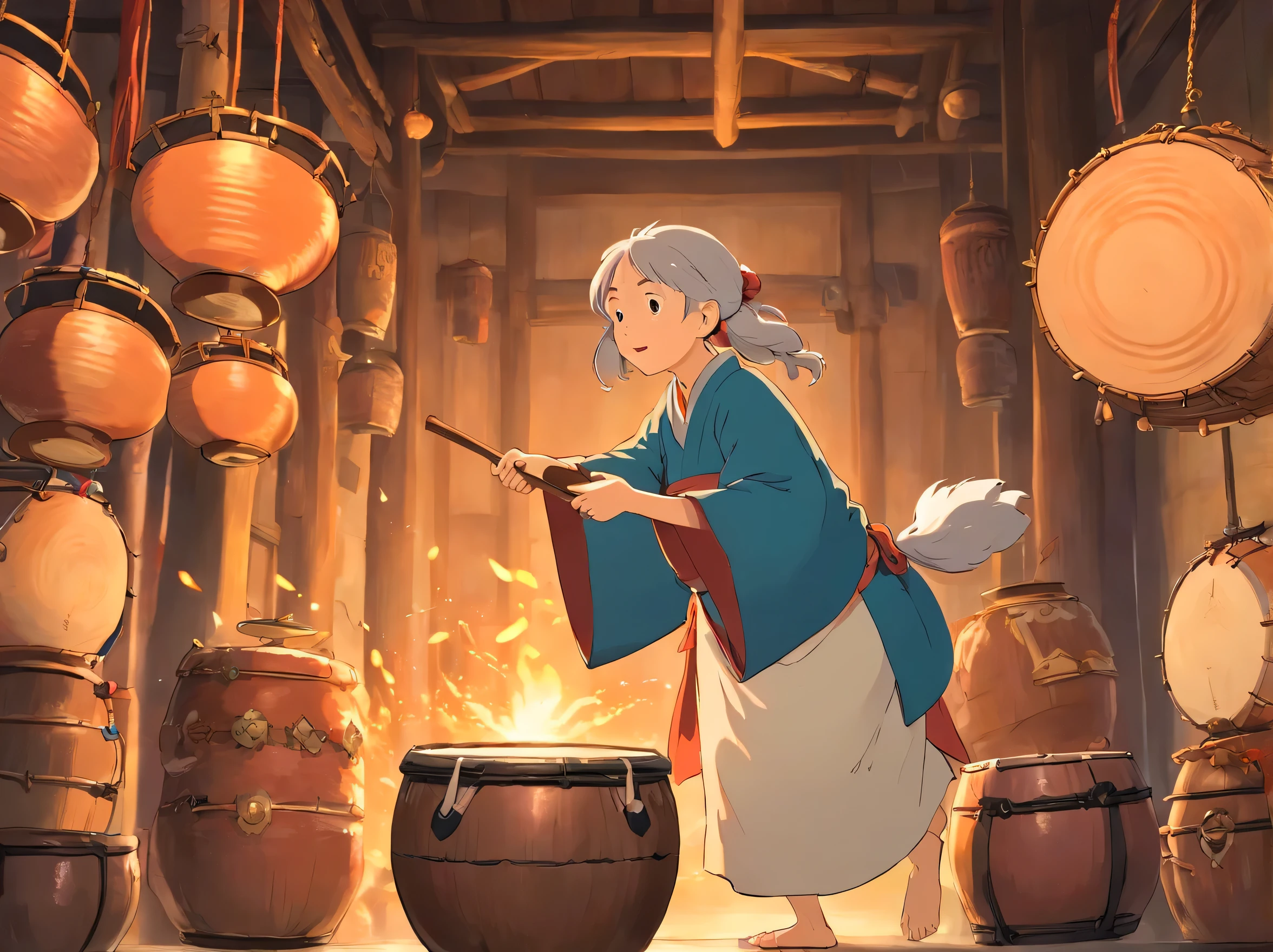 The grandmother continued to tell the origin and tradition of copper drum culture。The grandmother used gestures to tell the scene of the ancient Zhuang people using copper drums to fight against hostile forces。