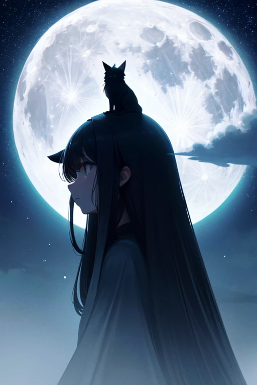 highest quality,Big moon and shadow,A silhouette of a person can be seen against the backdrop of a large moon.,There is one full moon,There is a mood,Beautiful scenery,Starry Sky