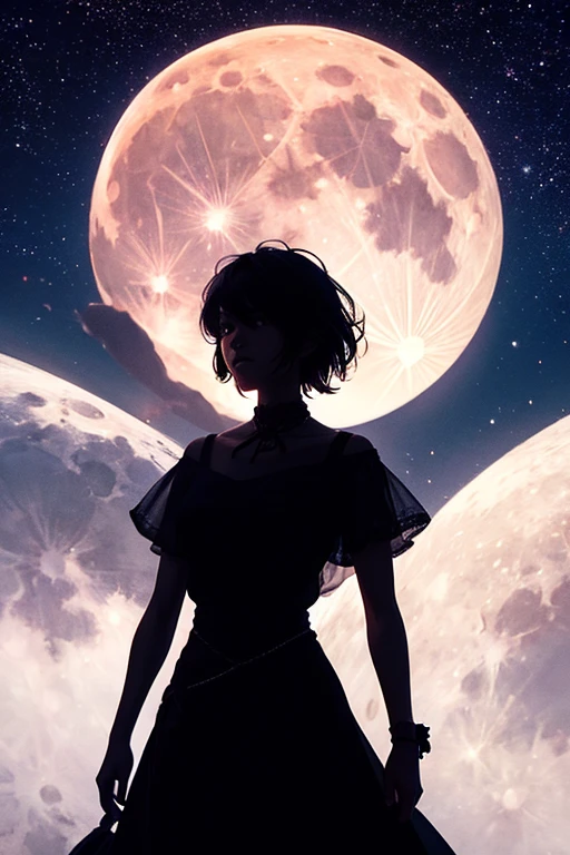 highest quality,Big moon and shadow,A silhouette of a person can be seen against the backdrop of a large moon.,There is one full moon,There is a mood,Beautiful scenery,Starry Sky