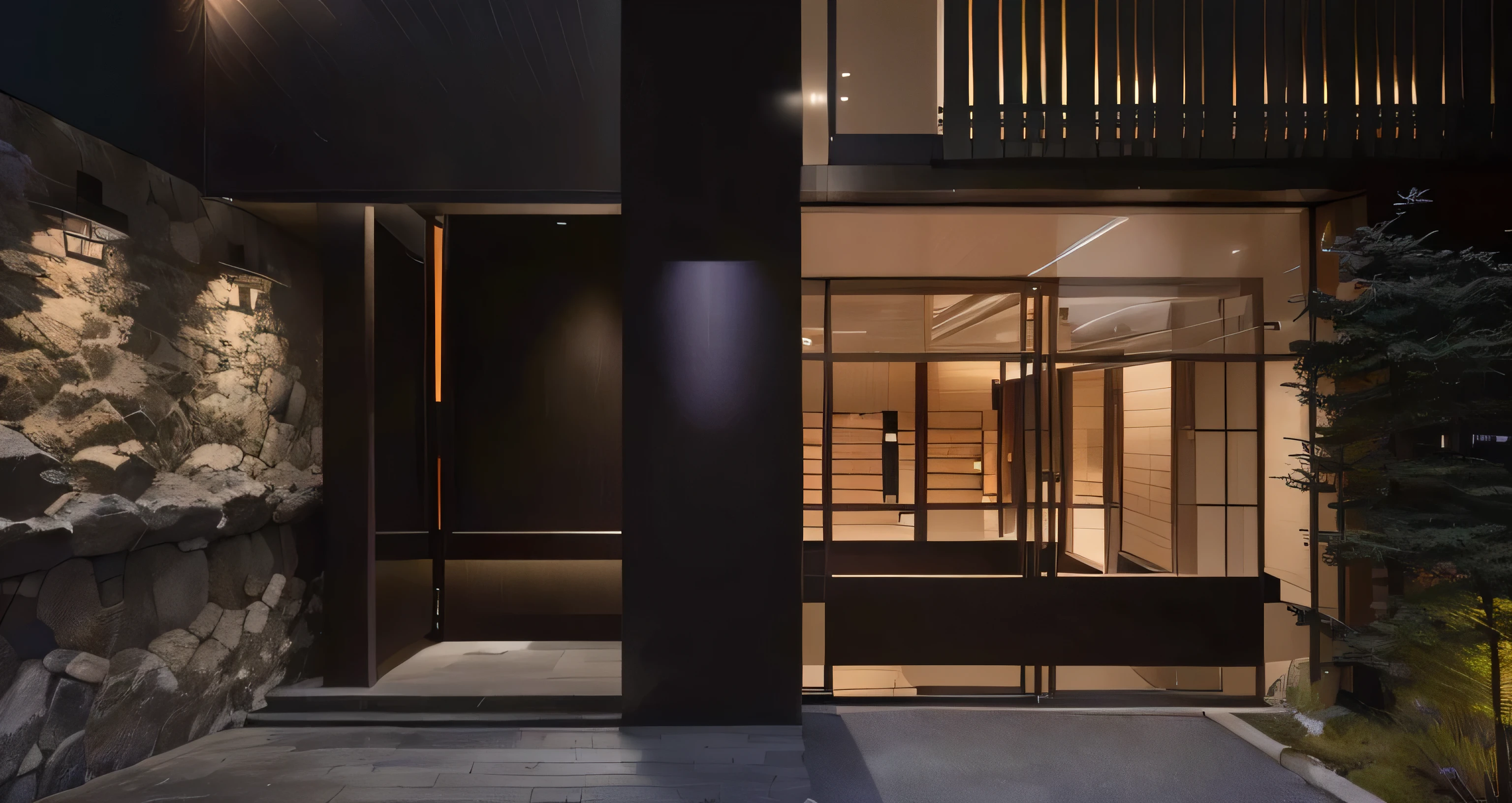 Close up of a building with glass doors and stone walls, High-end hot springs, Inspired by Ito Jakuchu, koji morimoto shinjuku, Inspired by the, Inspired by Tadashi Asai, Inspired by Yoshida Toshi, Kyoto Inspired, Modern luxury apartment as storefront