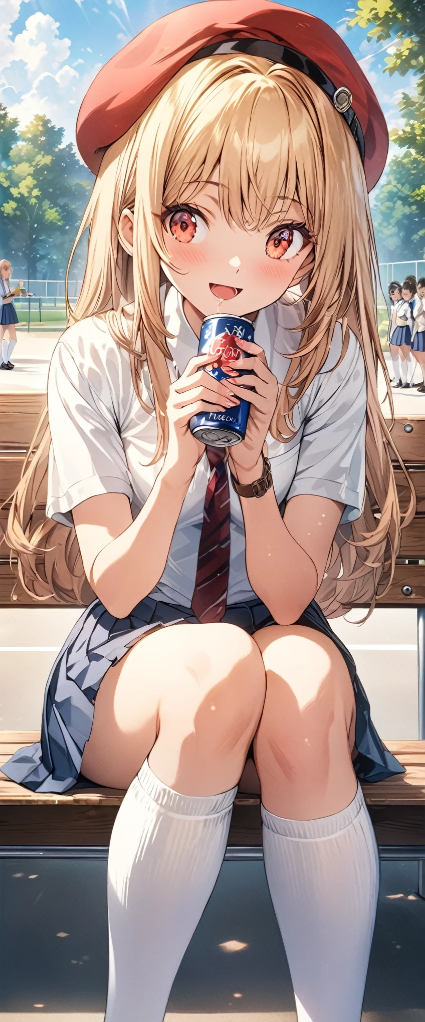 (masterpiece, best_quality), extremely detailed CG unity 8k wallpaper, super fine illustration, (anime_style), Woman posing for a photo, A shy smile, Small open mouth, Long Hair, Straight hair, Fine skin, Beautiful Hands, Beautiful fingers, Wearing a beret, tie, Small breasts, Short sleeve blouse, Pleated skirt, Thighs, Absolute area, Knee socks, loafers, Daytime, Hot summer day, School, Schoolyard, Sitting on a bench, holding Canned juice, Natural light, Detailed face:1.2, Sharp focus, Hasselblad Photos, masterpiece, light makeup, Cinematic lighting, 4k, sharpness, Anime Style, whole body, Canned juice, BREAK looking at another, perfect anatomy, perfect body, (perfect arms), (perfect hands, perfect fingers), perfect legs, perfect feet, perfect toes, 5_fingers, (4_fingers,1_thumbs),