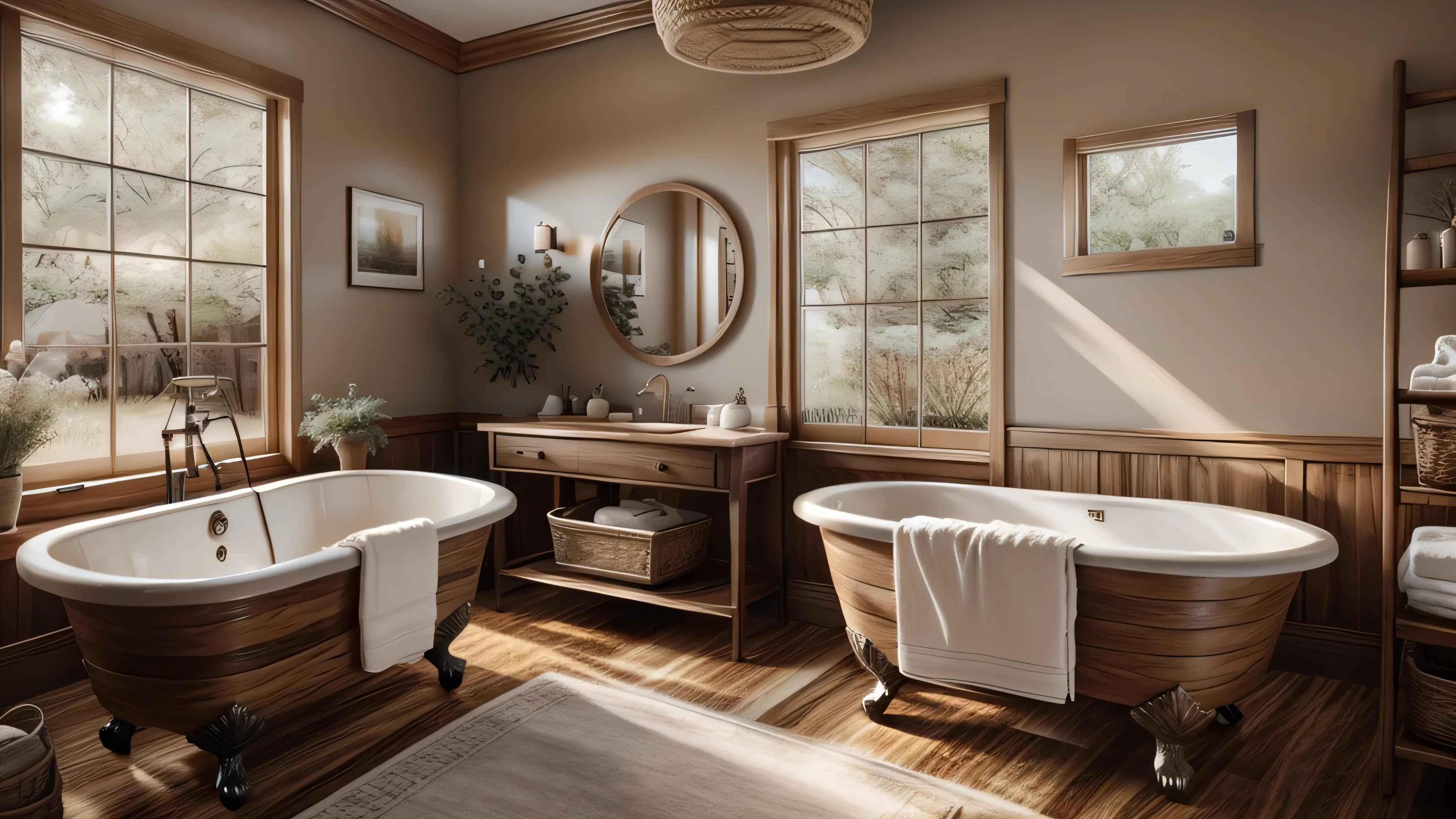 Warm wood tones, a clawfoot tub, and a vintage vanity. Include a wooden ladder for towels and a woven basket for storage.