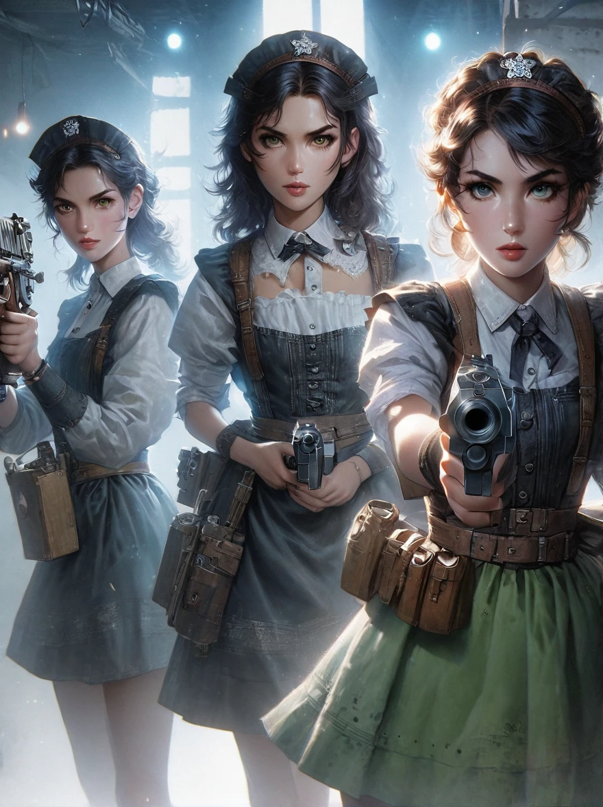 Realistic portraits of Soviet maids in an old photo studio, Maid costume, Holding a gun,Aim at you,dark light, heavy atmosphere, Pastel colors of skirts, Light skin face, Rembrandt Light, Andrea Kowch Style,bruce munro style , Character concept design,