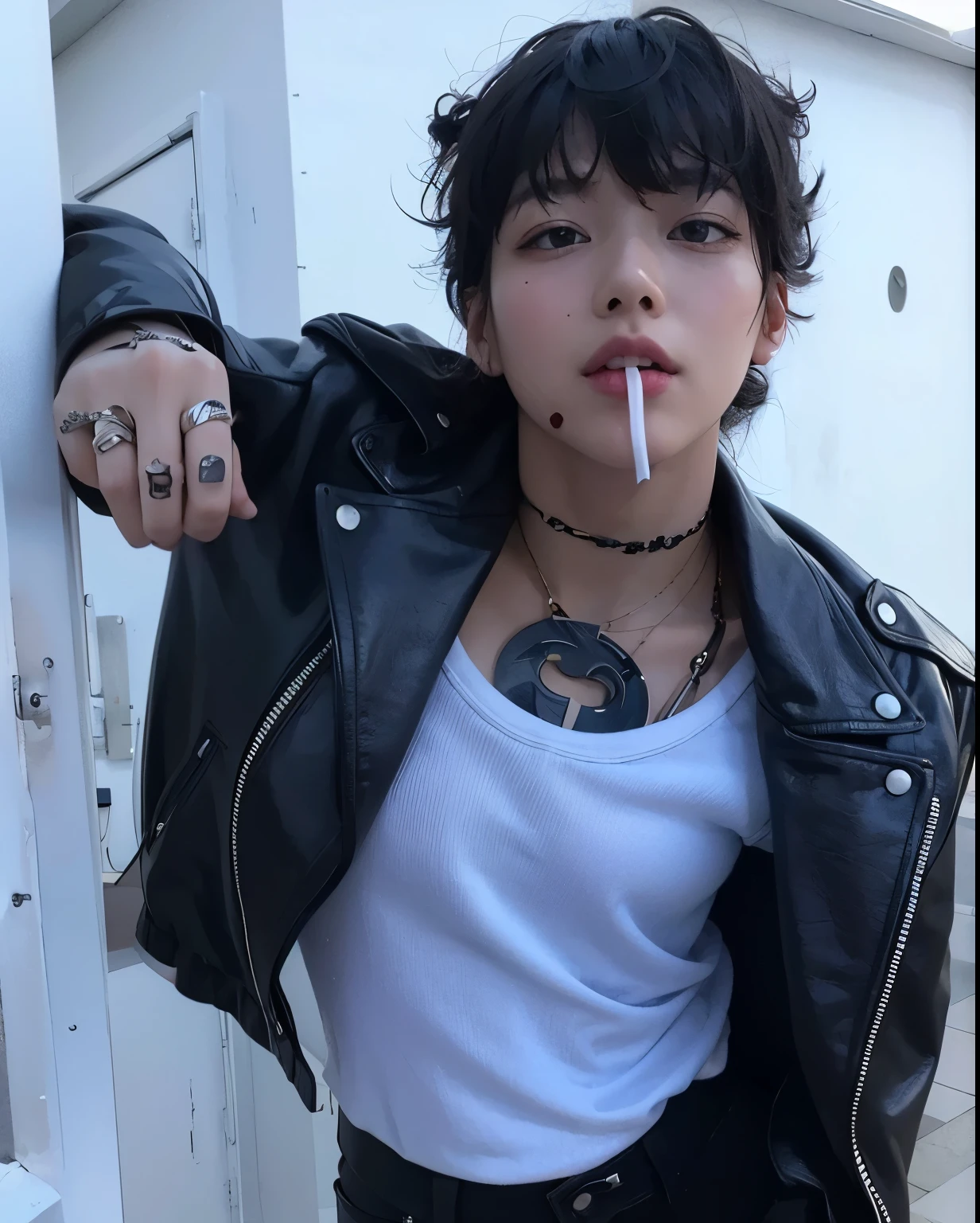 Create a realistic AI image of Taehyung, with tattos, piercings e smoking