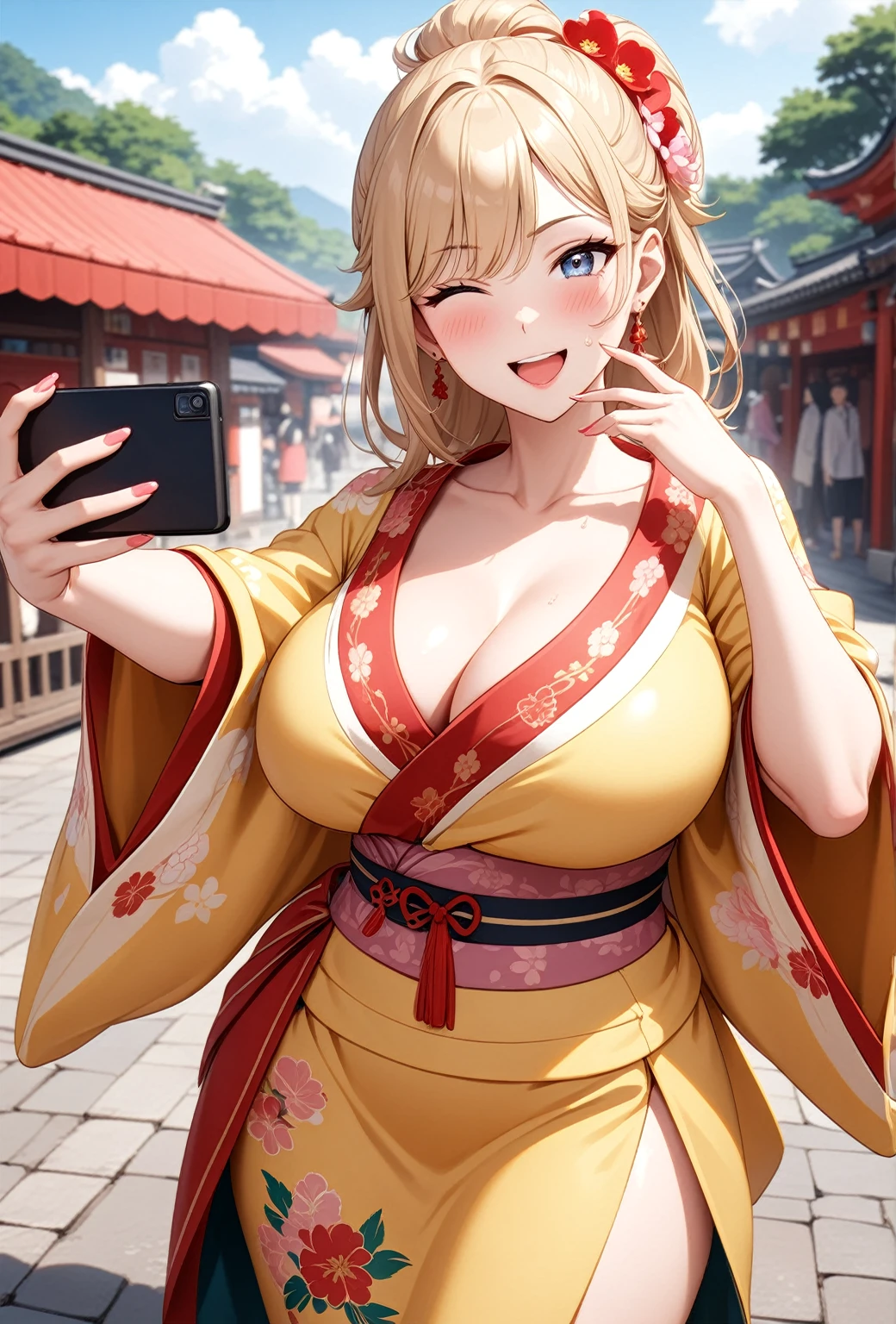 ((One woman)), Beautiful Face,Laughing embarrassedly,((Wink:1.6)),Laugh with a big mouth,(Taking a selfie with a camera in both hands),Become bright red,Sweat on the face,Glossy pink lips,Daytime,Shrine festival stalls, ((Anime style background)),masterpiece, highest quality, so beautiful, up to date, Complex details, (Pink long nails),AI-generated, Complex,High resolution, highest quality, super high quality,3D Images、View the viewers、3D Images,one person,Long Blonde Hair,High Ponytail,blue eyes,Anime woman posing for a photo, [[Fine grain、Colorful eyes、Shining Eyes:1.15]],(Squint your eyes:1.1),a hyperRealistic , hyperRealistic , Realistic,Blonde anime woman with long hair, Smooth anime CG art, A woman in a colorful kimono with gold embroidery, (Yellow kimono),Pink floral pattern,Long flower hair ornament,Big earrings,(Large Breasts:1.2),Mature Body,tall,Big Ass,Fine details,Narrow waist,Six-pack,Photographed from diagonally above,looking at the camera