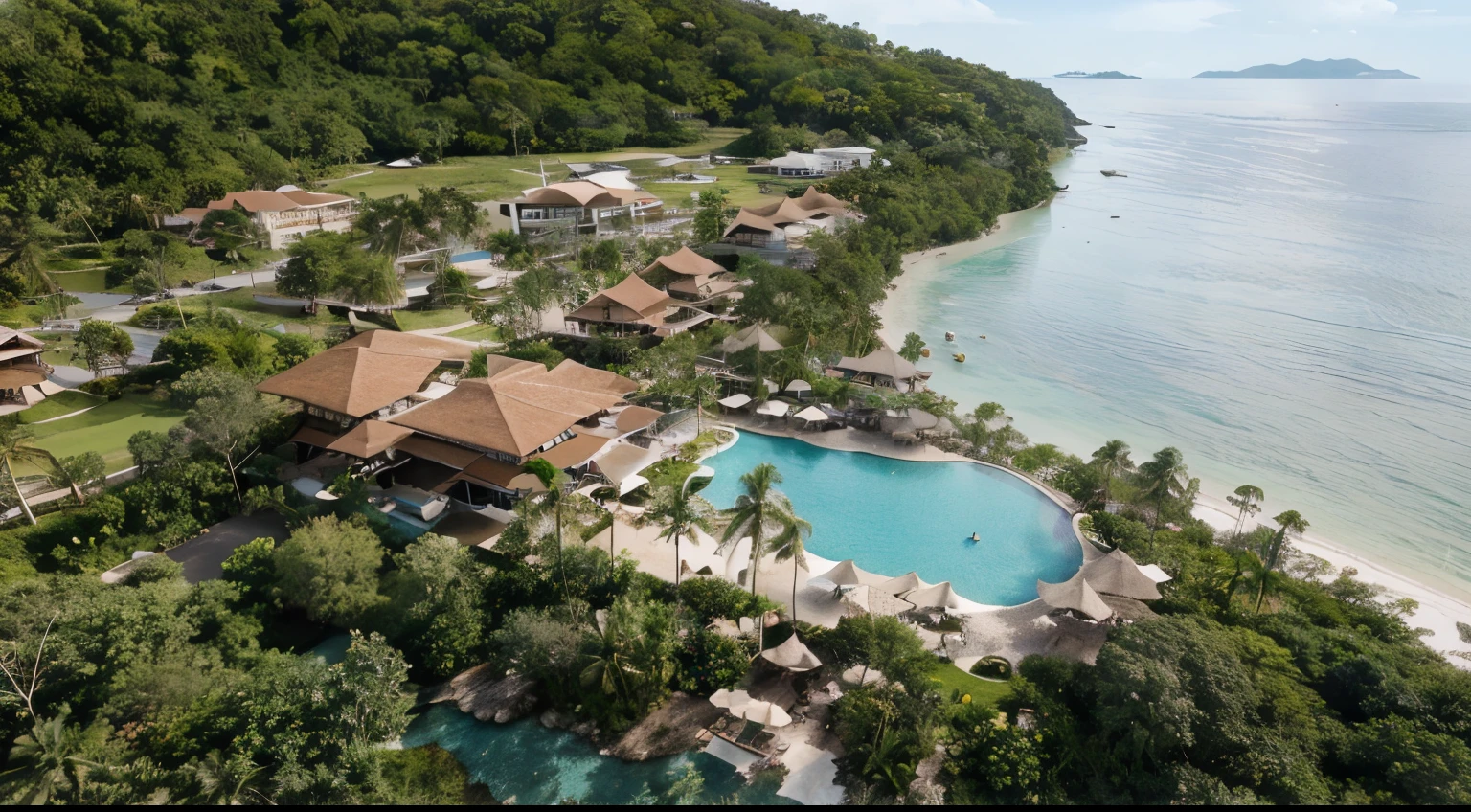 a hyper realistic photography of the an aerial view of the Mutiara Burau Bay Resort in Langkawi in Langkawi, no people, Nikon D850 DSLR 4k camera, 100mm lens, F 1.2 aperture setting, bright and natural lighting, vibrant, fun and relaxing atmosphere