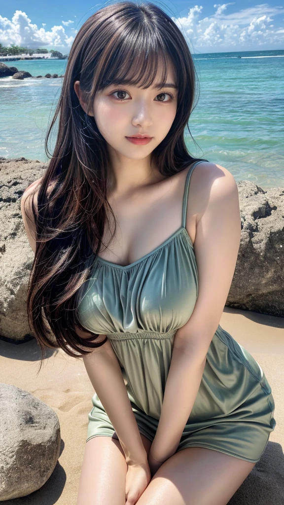 Mastepiece、highest quality、An illustration、Super fine、Fine、High resolution、8k wallpaper、Perfect dynamic composition、Beautiful detailed eyes、Wearing a sheer, thin dress、Natural color lip、Beach、Random and cute poses、Flowing bangs、large chest, Beauty Legs、 Voluptuous thighs, large hip,KPOP Idol Face、Perfect and beautiful face、cute